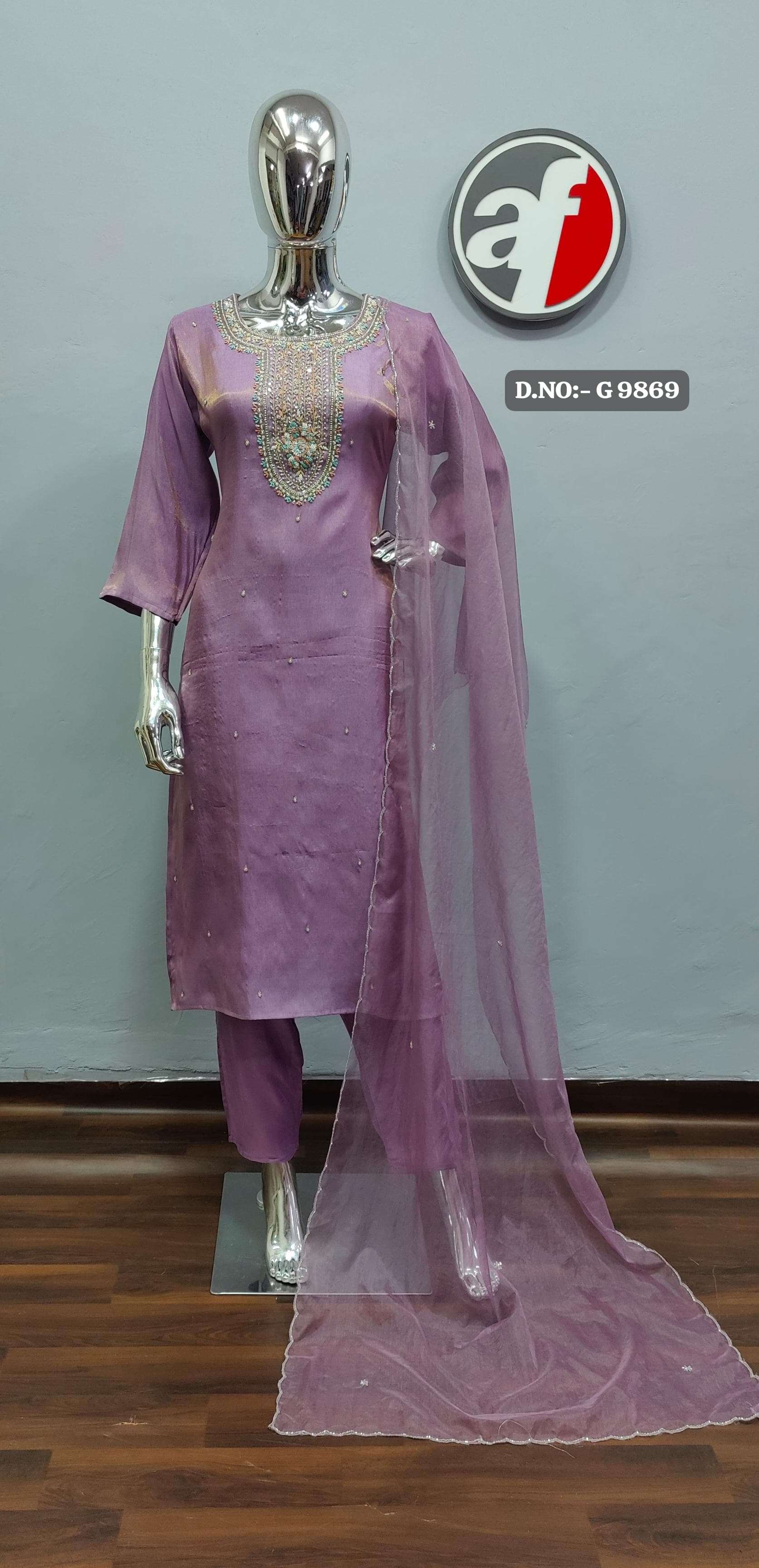 DESIGN NO- G 9867-68-69 BY ANJU FABRICS TISSUE SHIMMER PURE HANDWORK KURTI PANT WITH DUPATTA 