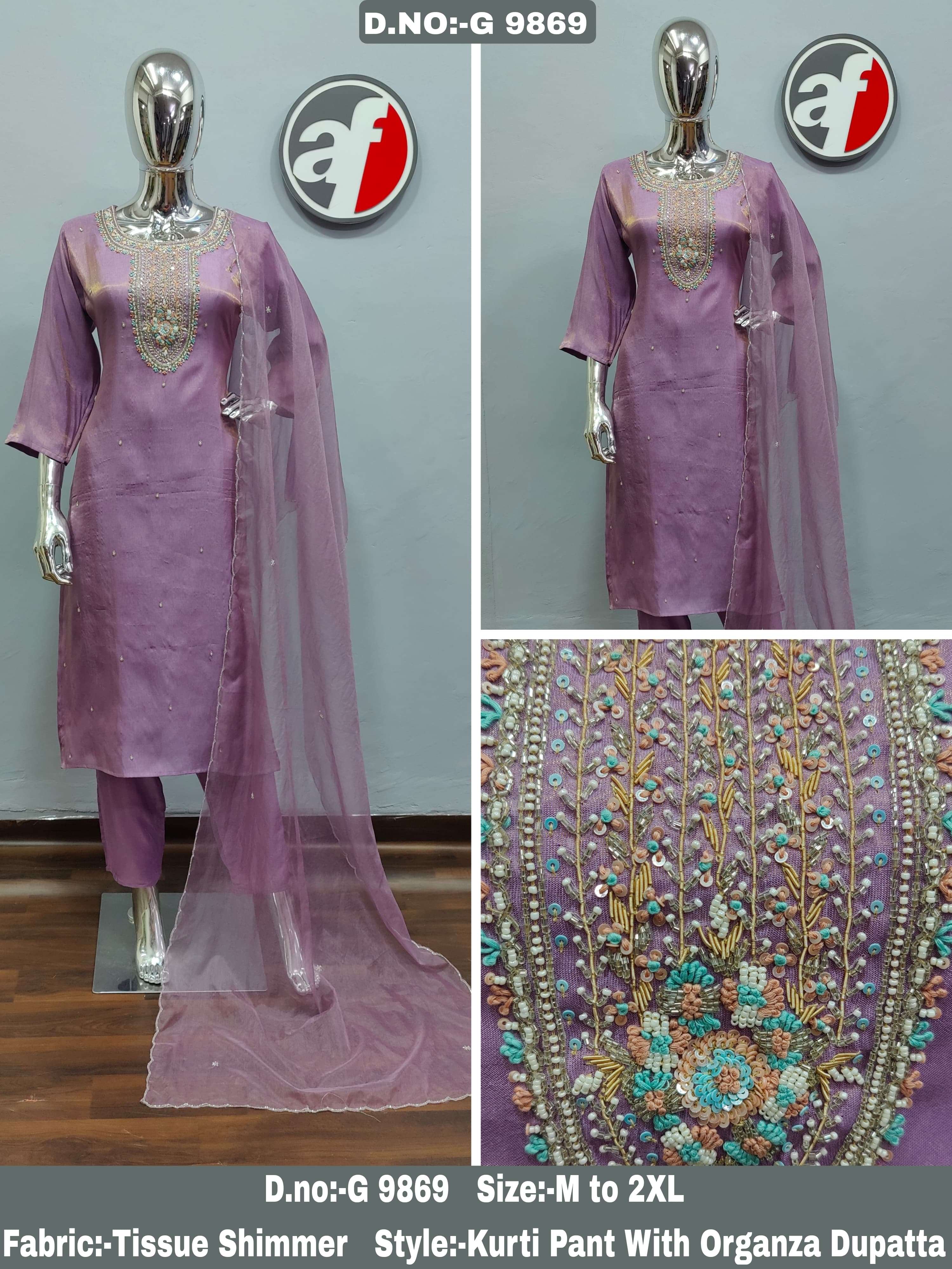 DESIGN NO- G 9867-68-69 BY ANJU FABRICS TISSUE SHIMMER PURE HANDWORK KURTI PANT WITH DUPATTA 