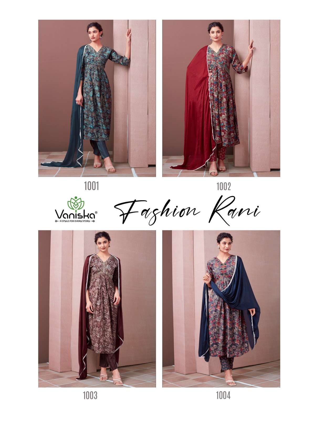 FASHION RANI BY VANISKA HEAVY FANCY MODAL CHANDERI PRINT GOWN STYLE KURTI PANT WITH DUPATTA 
