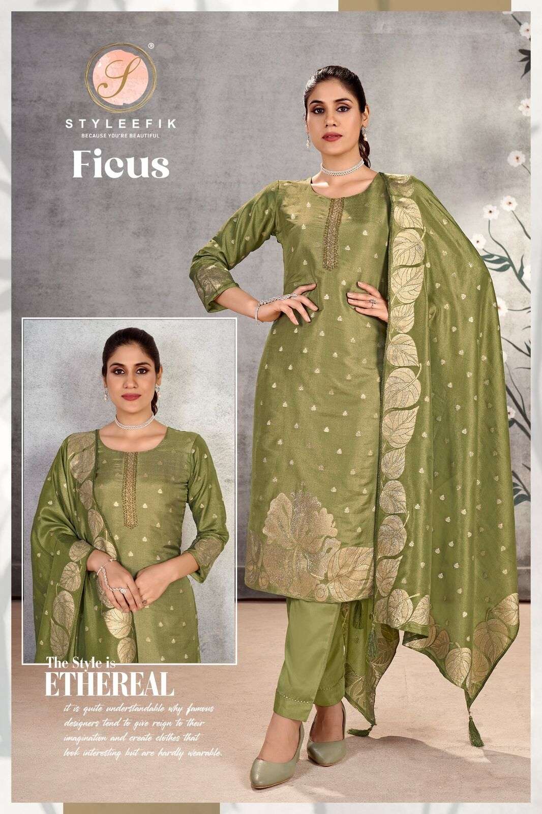FICUS BY STYLEFIK PURE VISCOSE JACQUARD & JARI 3 PCS KURTI PANT WITH DUPATTA 
