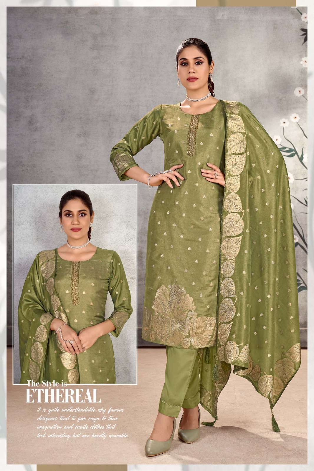FICUS GREEN COLOUR BY STYLEFIK PURE VISCOSE JACQUARD 3 PCS KURTI PANT WITH SIMMER DUPATTA