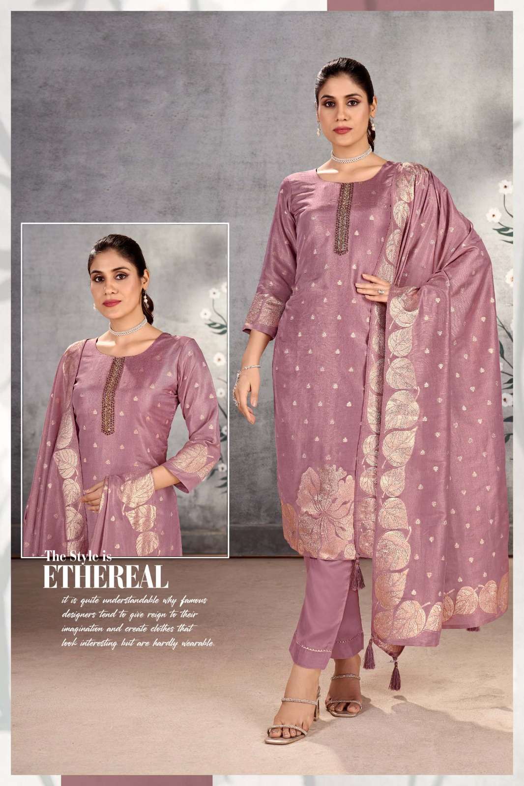 FICUS PINK COLOUR BY STYLEFIK PURE VISCOSE JACQUARD 3 PCS KURTI PANT WITH SIMMER DUPATTA
