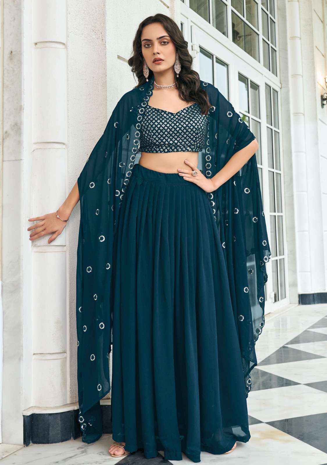 FIROZA BY SHREEMATEE FASHION PURE GEORGETTE EMBROIDERY WEDDING WEAR CROP TOP PLAZO WITH DUPATTA 