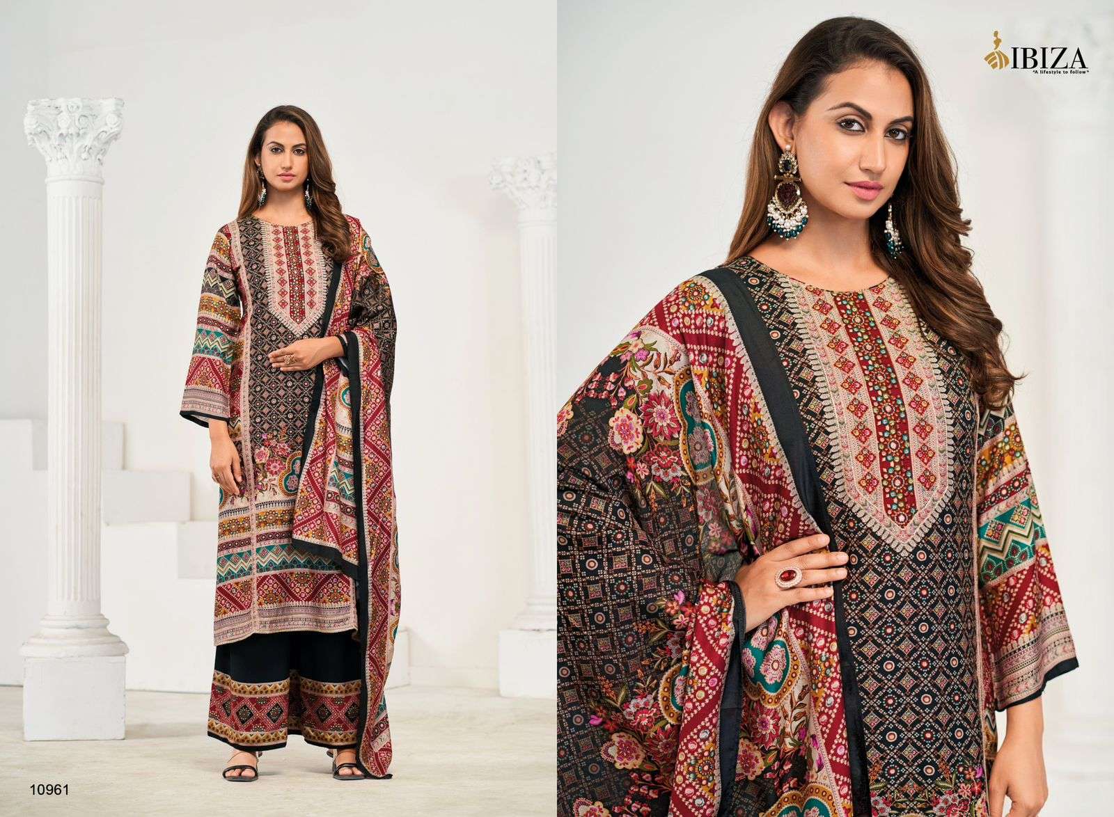 FIZA BY IBIZA PURE MUSLIN DIGITAL PRINT DALICATE HANDWORK UNSTICHED SALWAR SUITS 