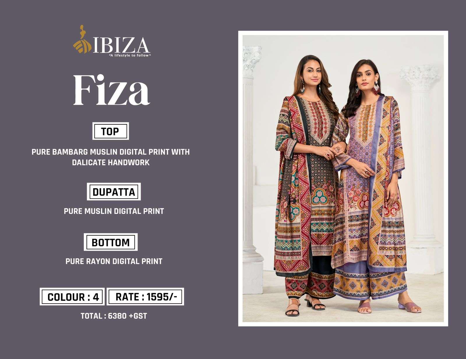 FIZA BY IBIZA PURE MUSLIN DIGITAL PRINT DALICATE HANDWORK UNSTICHED SALWAR SUITS 