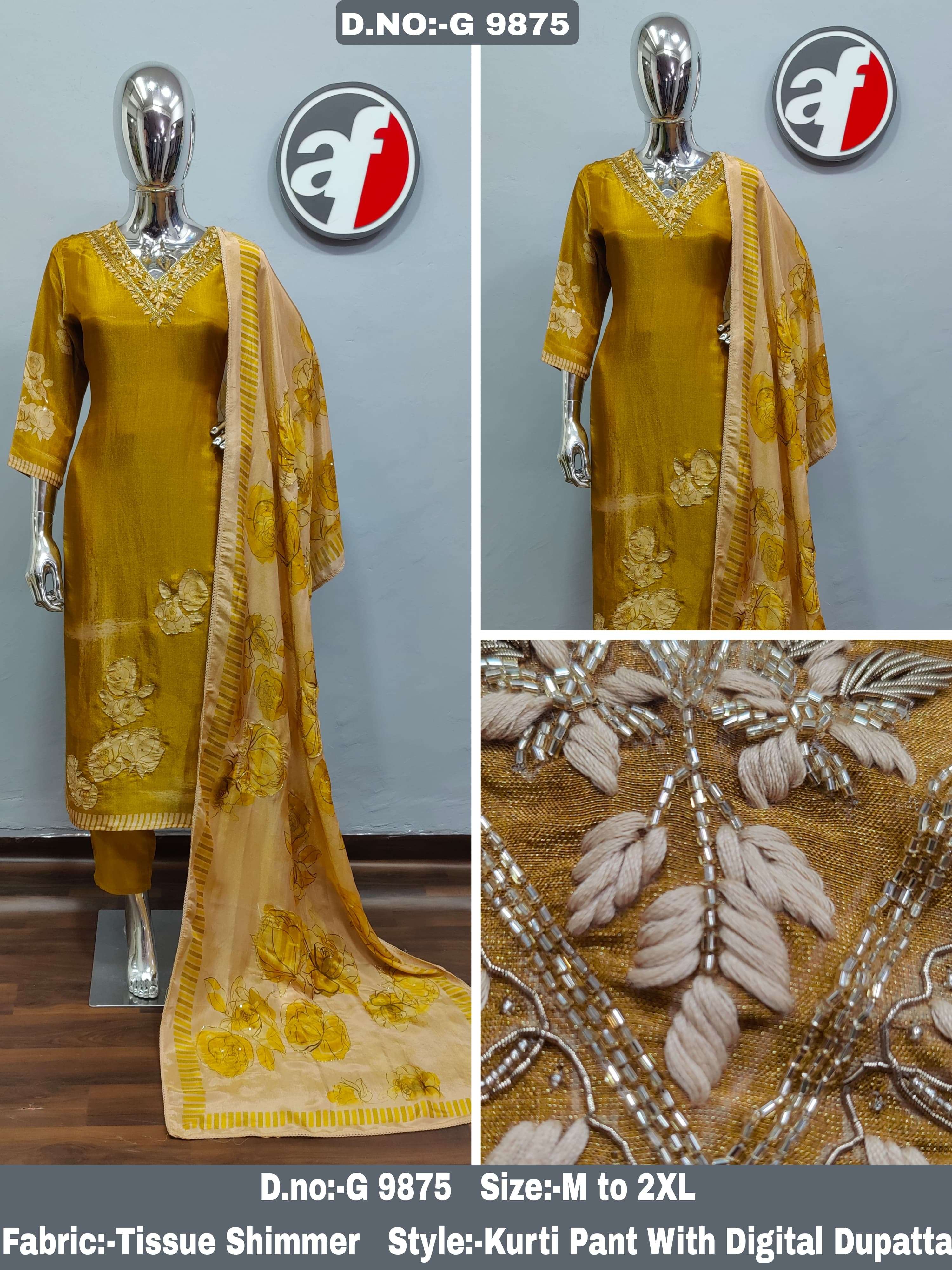 G-9875 BY ANJU FABRICS PURE TISSUE SHIMMER HANDWORK KURTI PANT WITH DUPATTA 