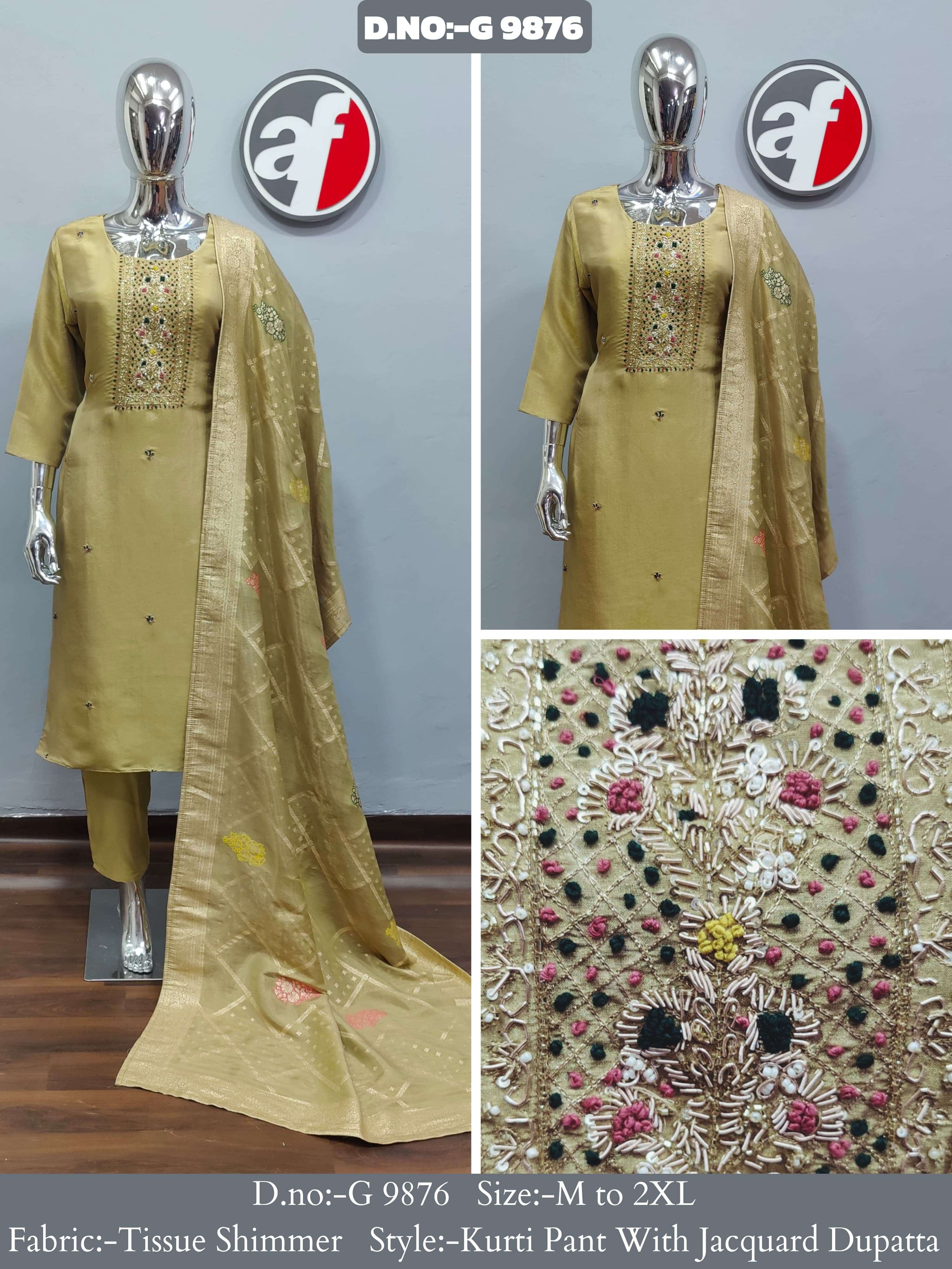 G 9876-78 BY ANJU FABRIC PURE TISSUE SHIMMER HANDWORK KURTI PANT WITH JACQUARD DUPATTA 