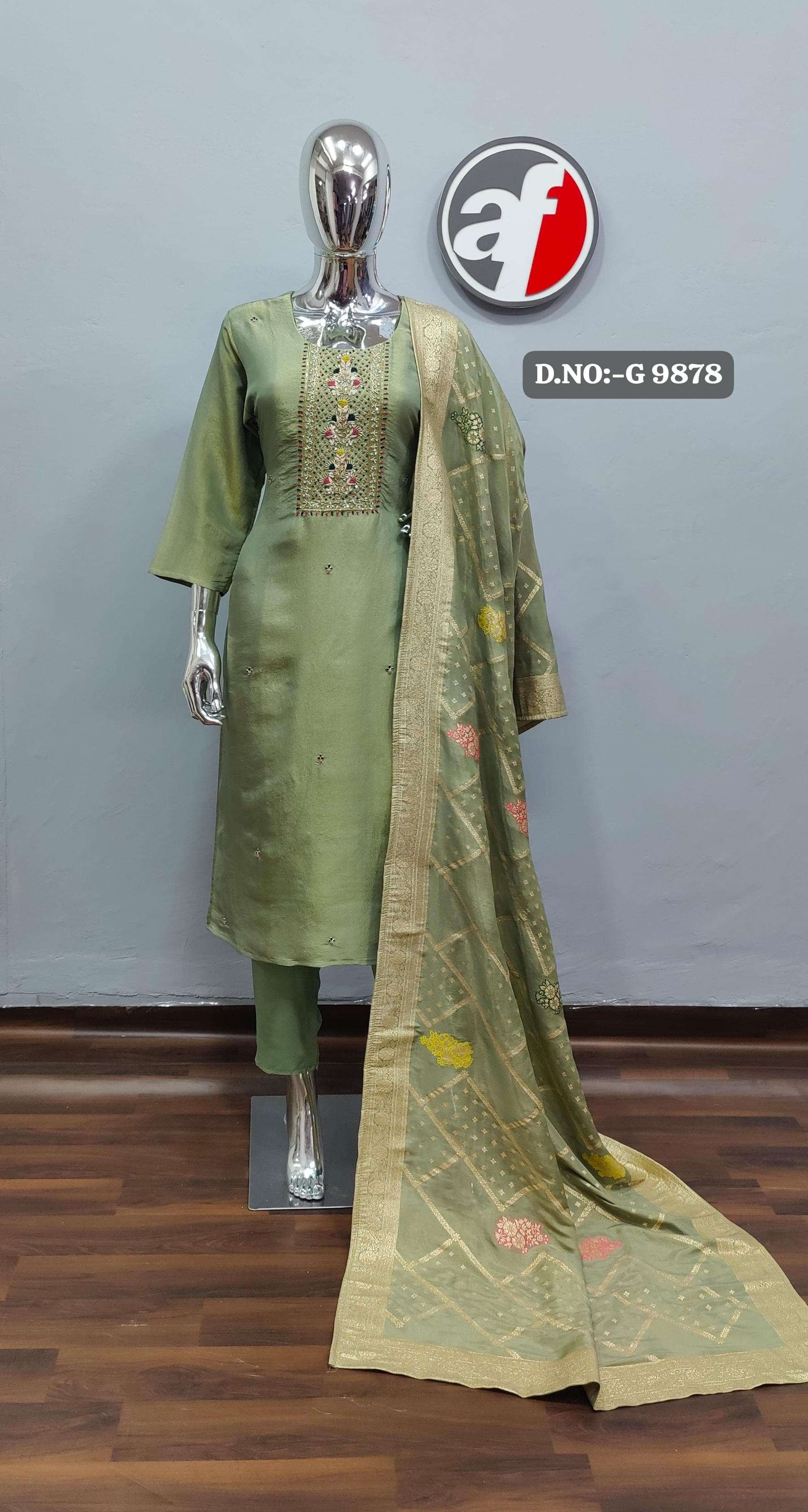 G 9876-78 BY ANJU FABRIC PURE TISSUE SHIMMER HANDWORK KURTI PANT WITH JACQUARD DUPATTA 