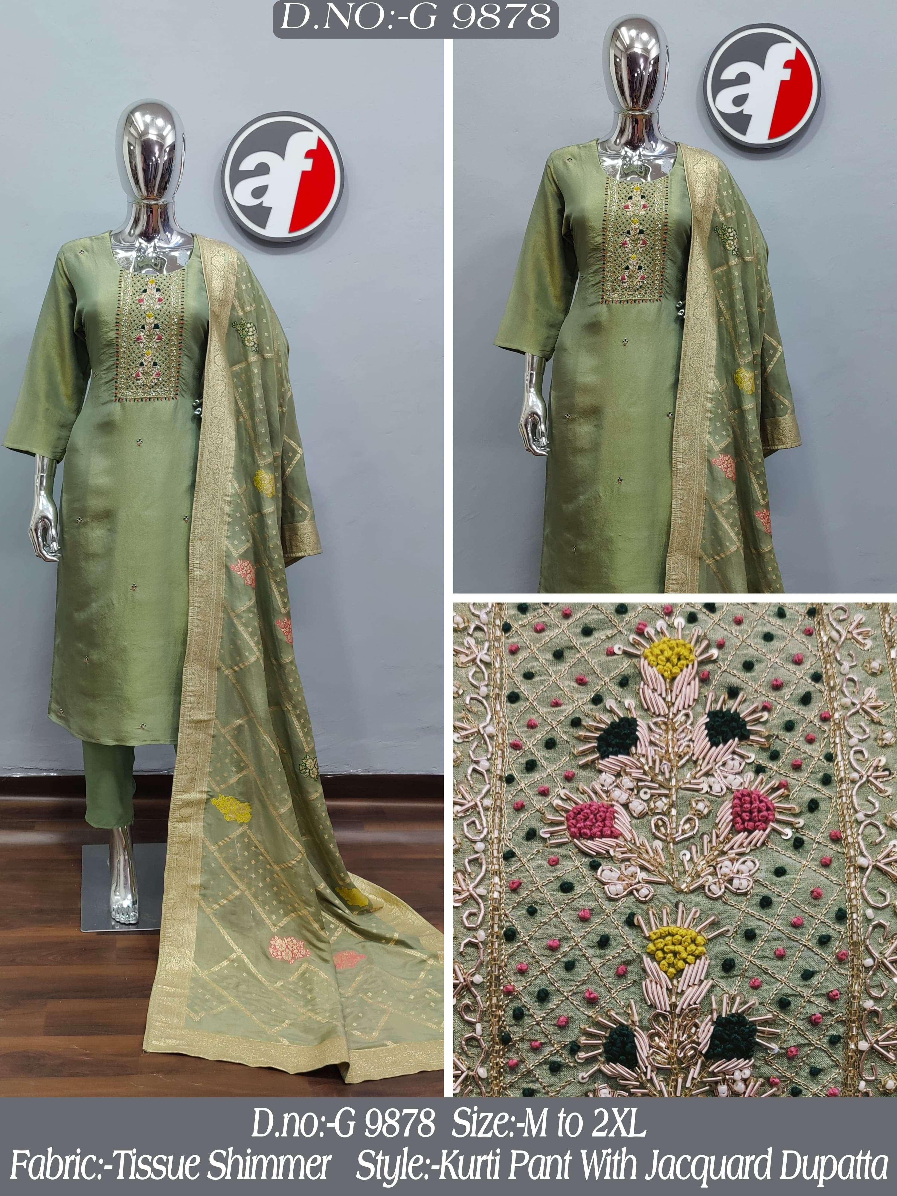 G 9876-78 BY ANJU FABRIC PURE TISSUE SHIMMER HANDWORK KURTI PANT WITH JACQUARD DUPATTA 