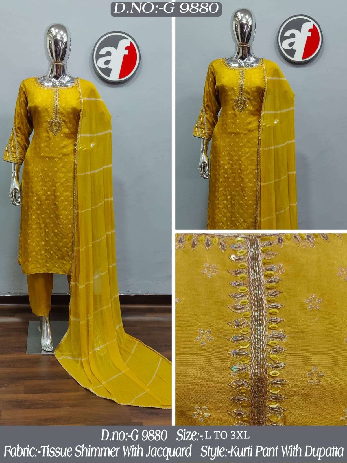 G 9879-82 BY ANJU FABRICS PURE GOLDEN HANDWORK KURTI PANT WITH JACQUARD DUPATTA 