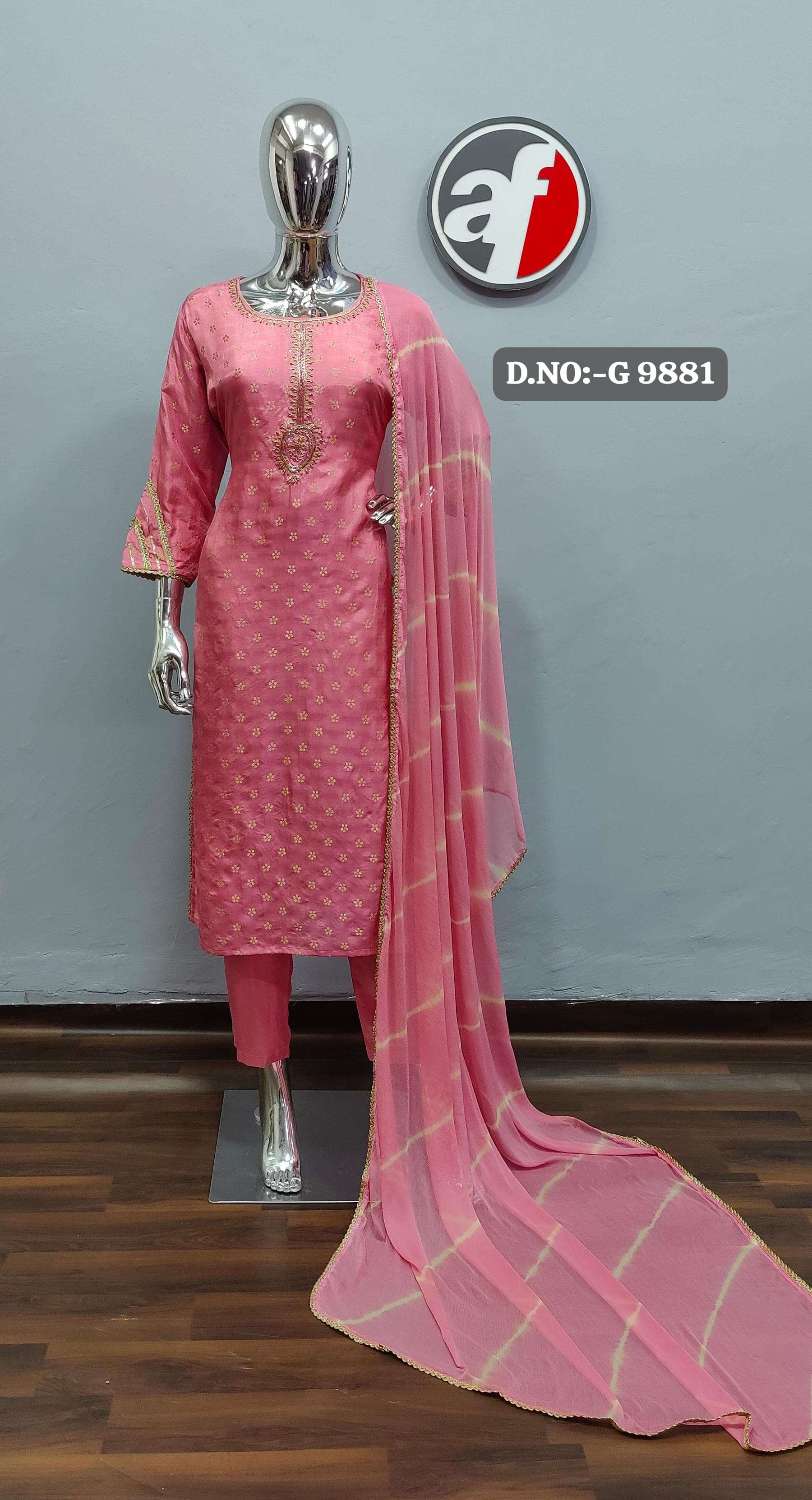 G 9879-82 BY ANJU FABRICS PURE GOLDEN HANDWORK KURTI PANT WITH JACQUARD DUPATTA 