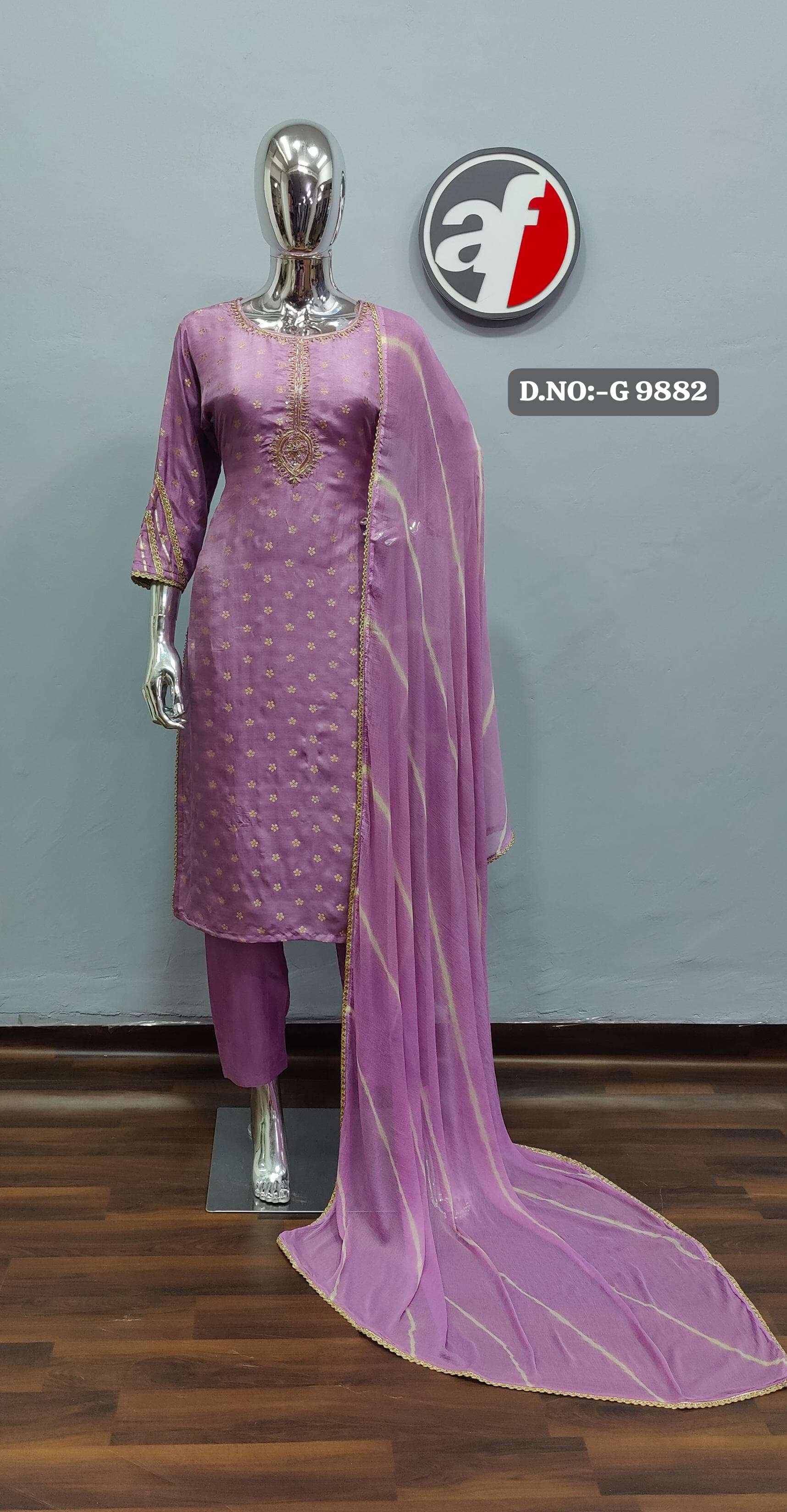 G 9879-82 BY ANJU FABRICS PURE GOLDEN HANDWORK KURTI PANT WITH JACQUARD DUPATTA 