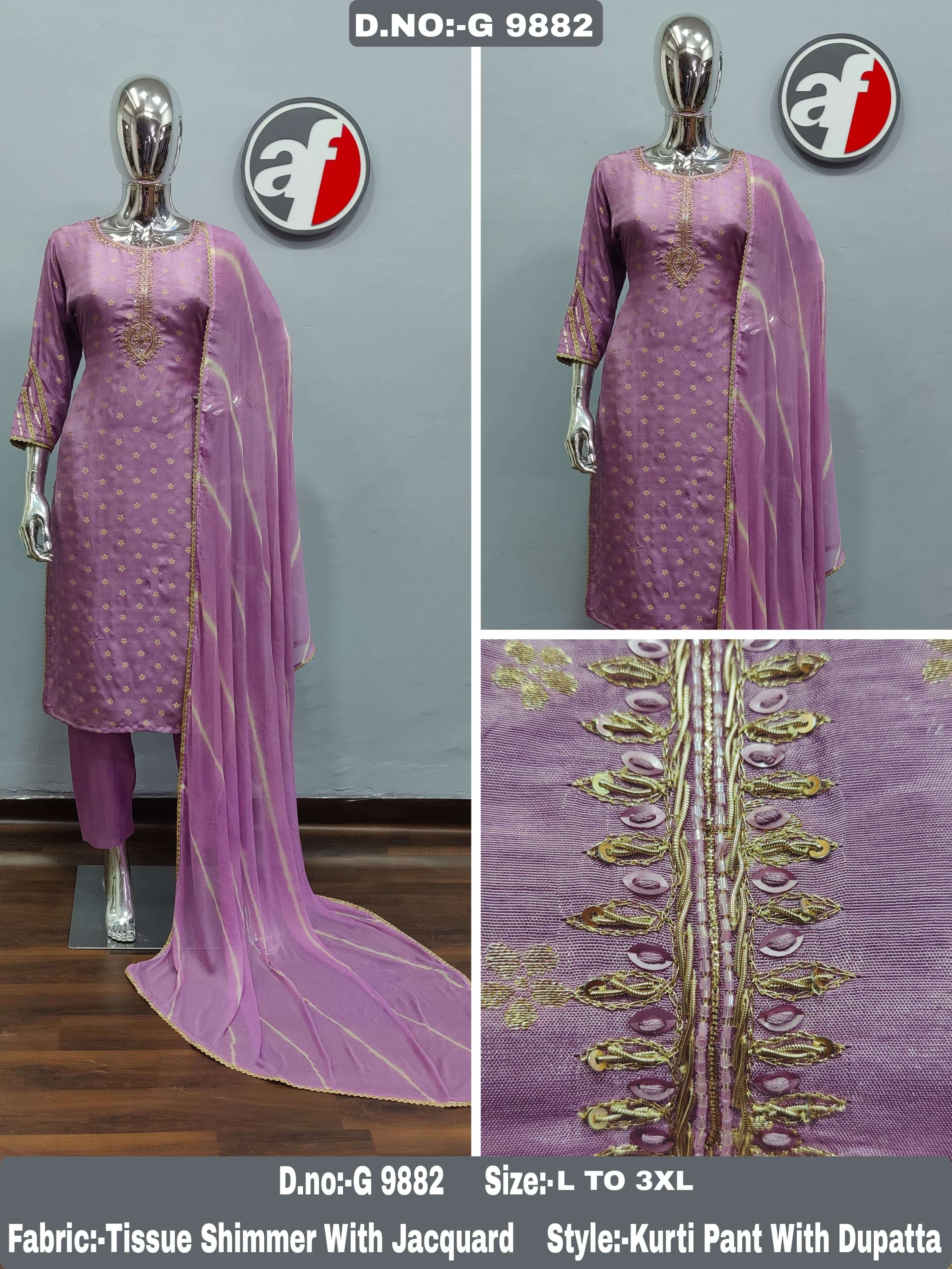 G 9879-82 BY ANJU FABRICS PURE GOLDEN HANDWORK KURTI PANT WITH JACQUARD DUPATTA 