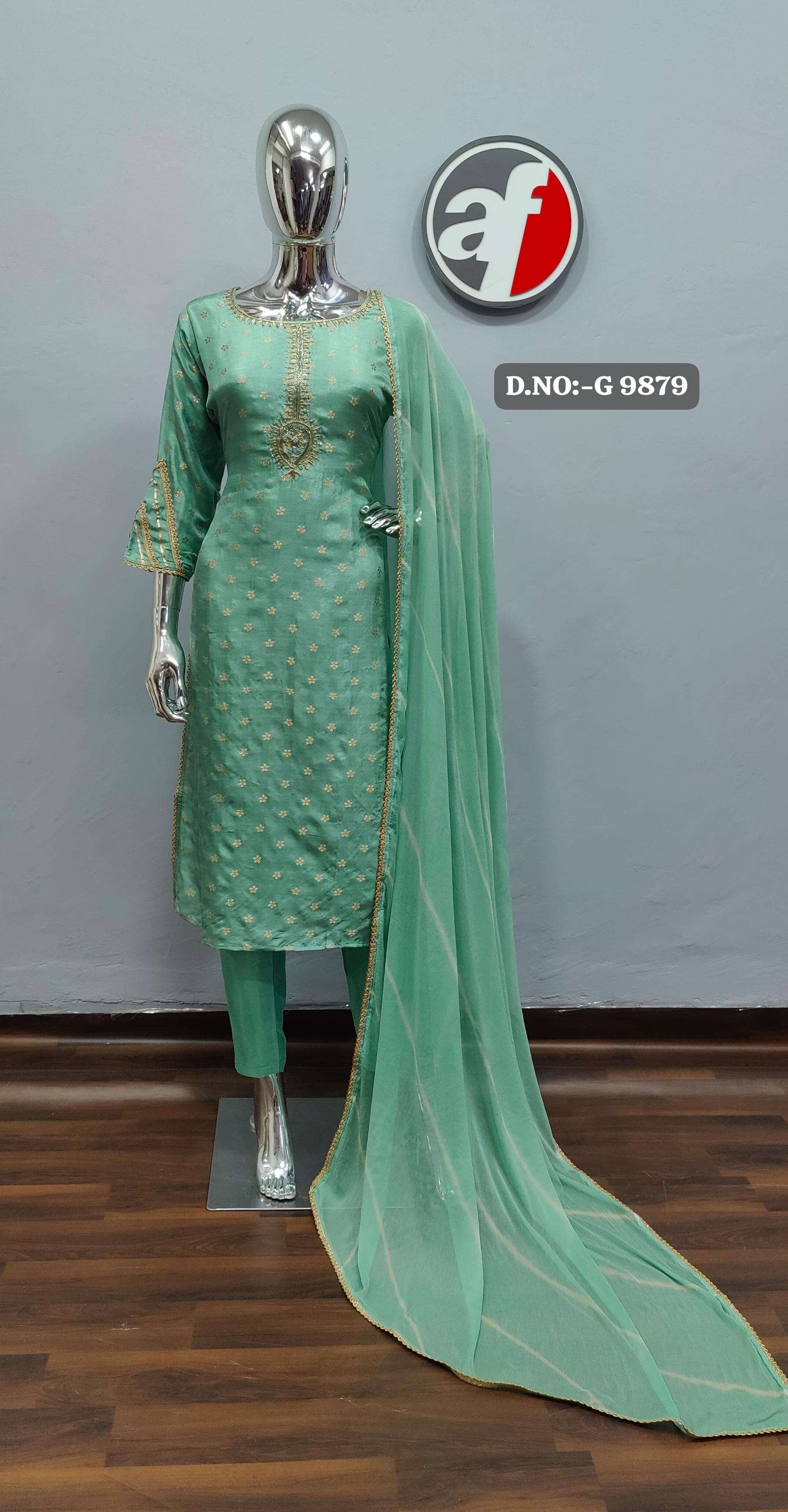 G 9879-82 BY ANJU FABRICS PURE GOLDEN HANDWORK KURTI PANT WITH JACQUARD DUPATTA 