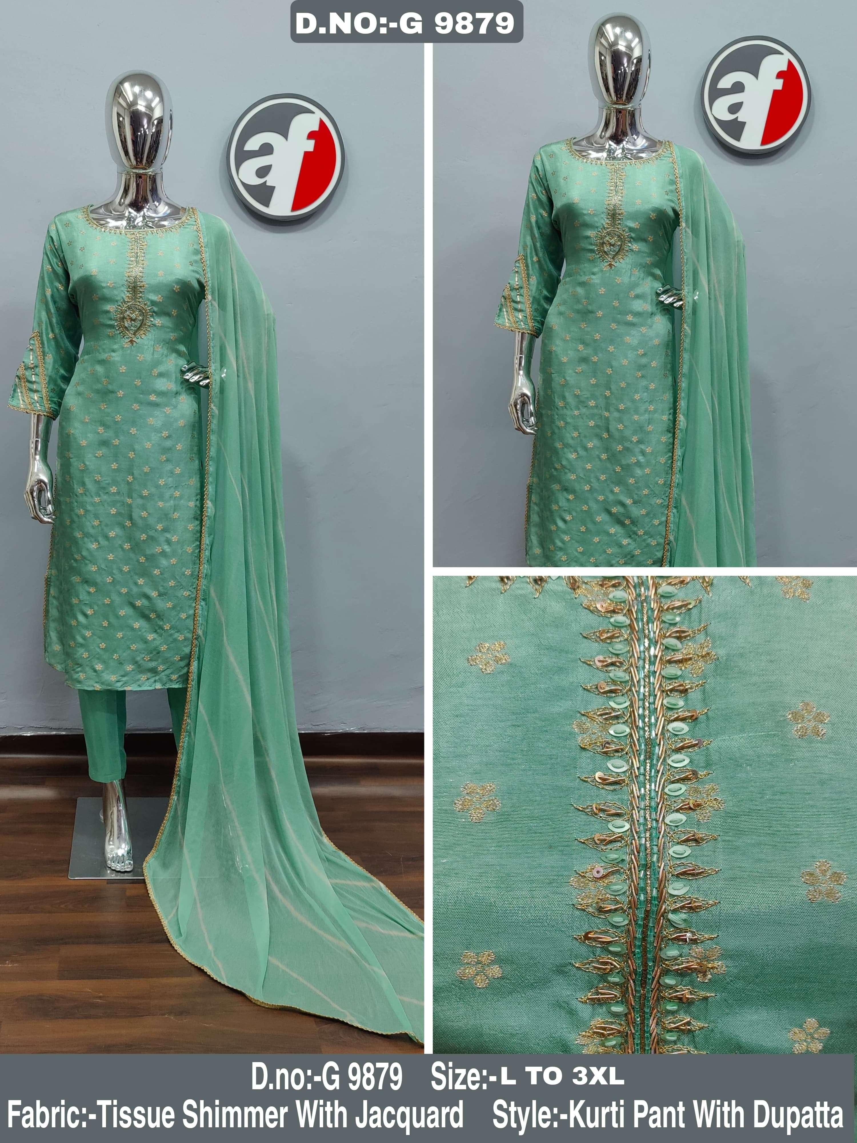 G 9879-82 BY ANJU FABRICS PURE GOLDEN HANDWORK KURTI PANT WITH JACQUARD DUPATTA 