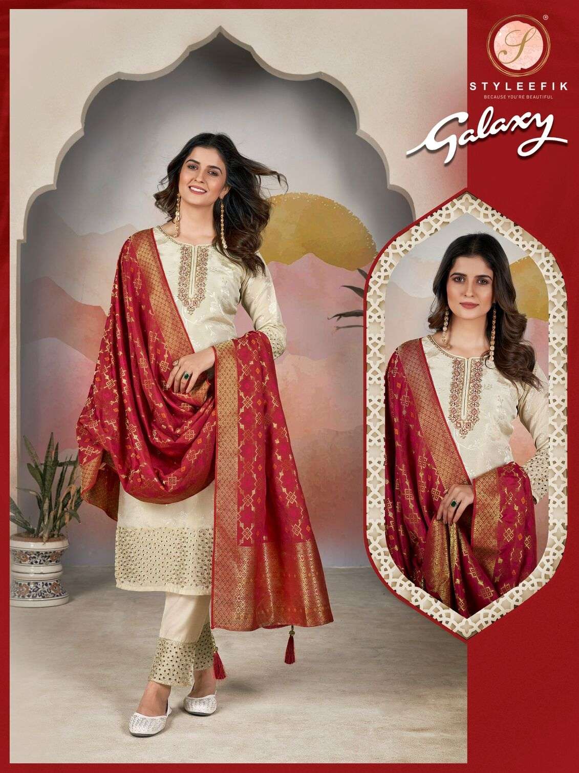 GALAXY BY STYLEFIK VISCOSE SILK WITH CHIKAN JARI WORK KURTI PANT WITH DUPATTA 