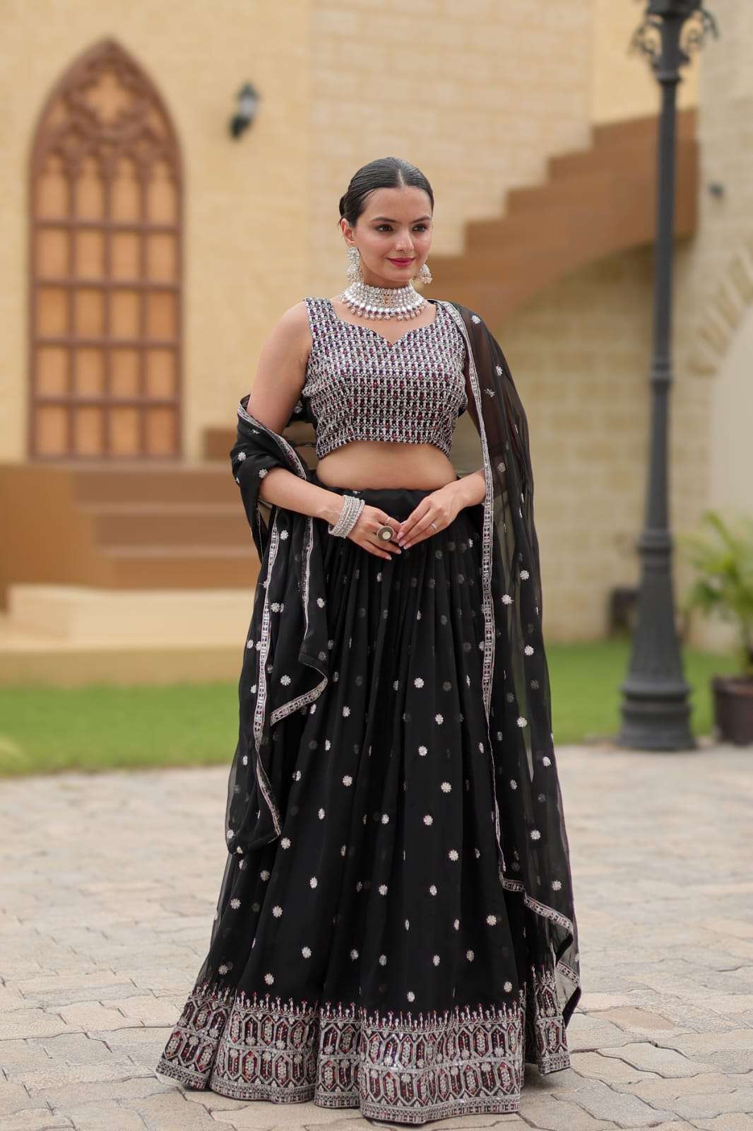 GULNAZ BY TEXOFAB GEORGETTE FABRIC RICH EMBROIDERY SEQUENCE WORK LEHENGA BLOUSE WITH DUPATTA 