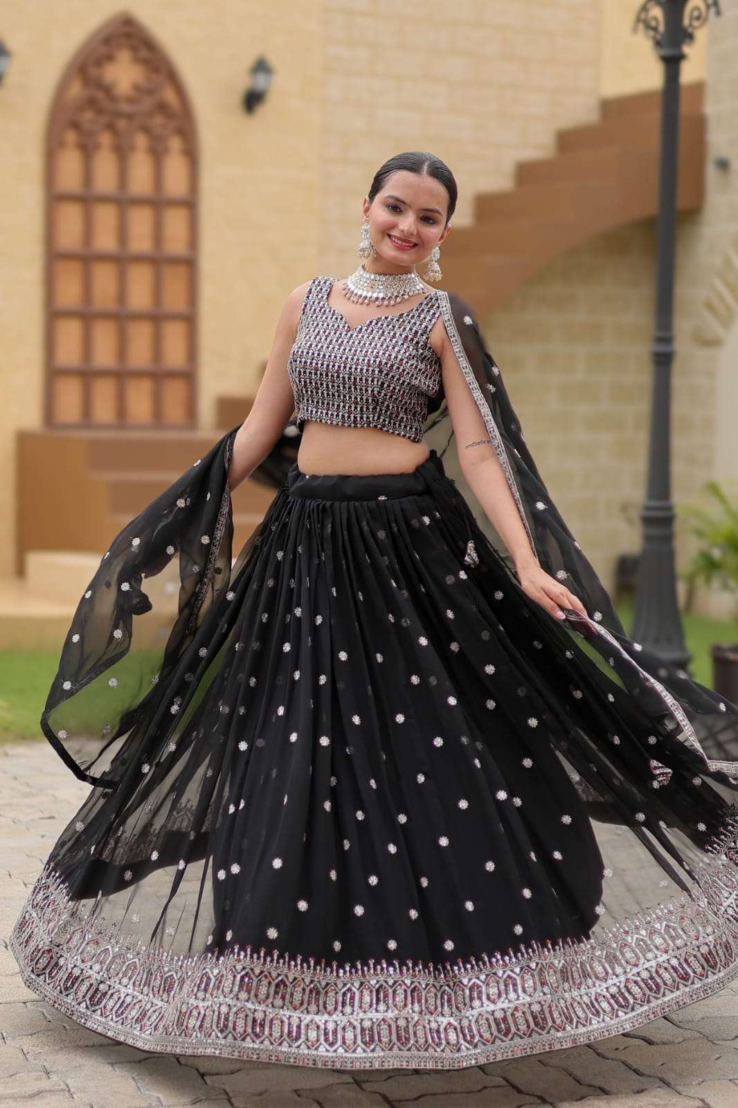 GULNAZ BY TEXOFAB GEORGETTE FABRIC RICH EMBROIDERY SEQUENCE WORK LEHENGA BLOUSE WITH DUPATTA 