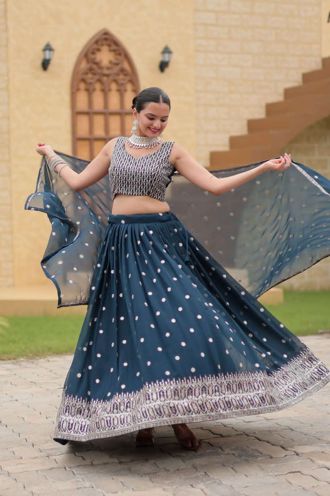 GULNAZ BY TEXOFAB GEORGETTE FABRIC RICH EMBROIDERY SEQUENCE WORK LEHENGA BLOUSE WITH DUPATTA 