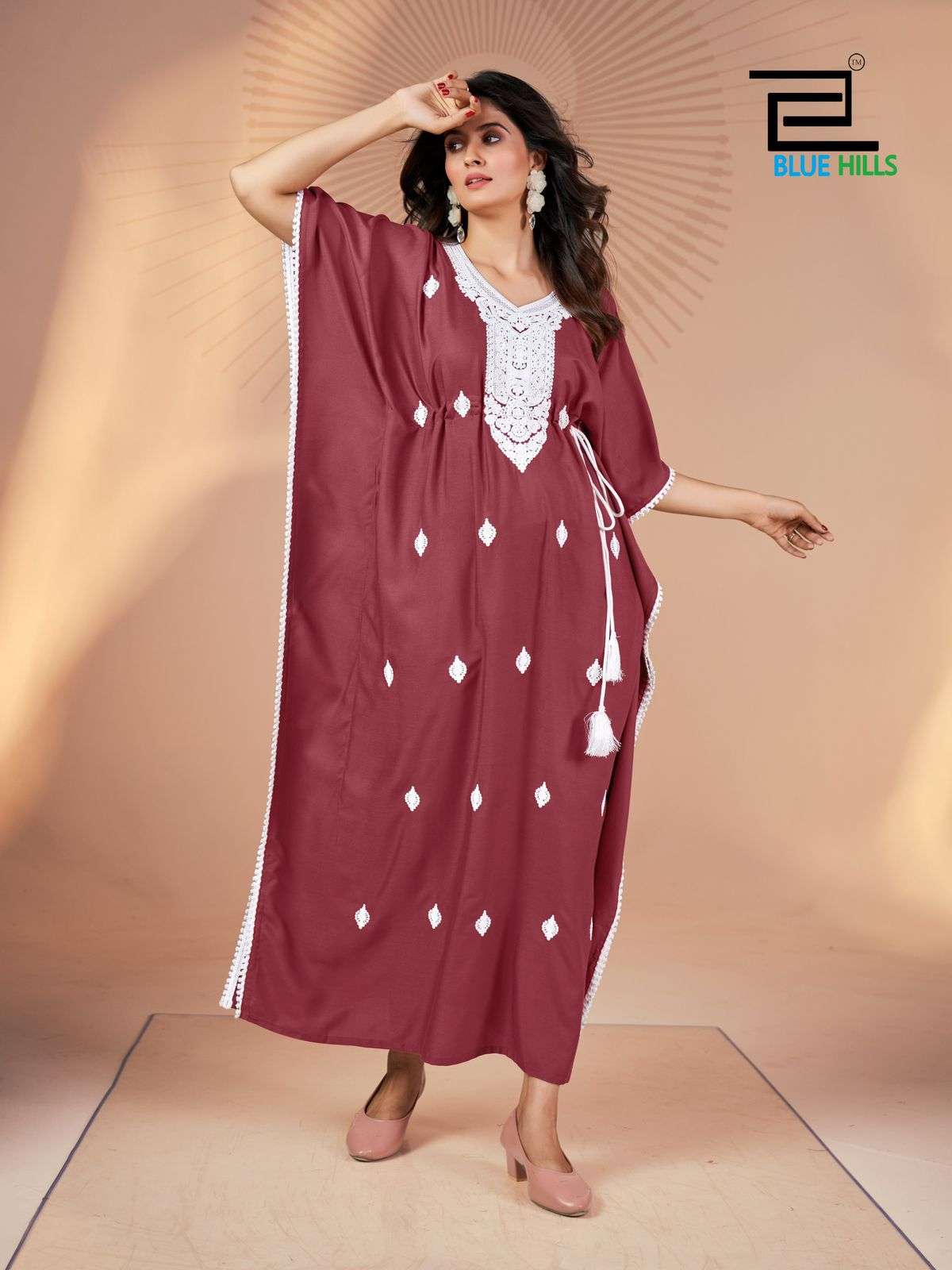 HONEY NX BY BLUE HILLS HEAVY RAYON & WHITE EMBROIDERY WORK KAFTAN WITH ADJUSTABLE DORI 