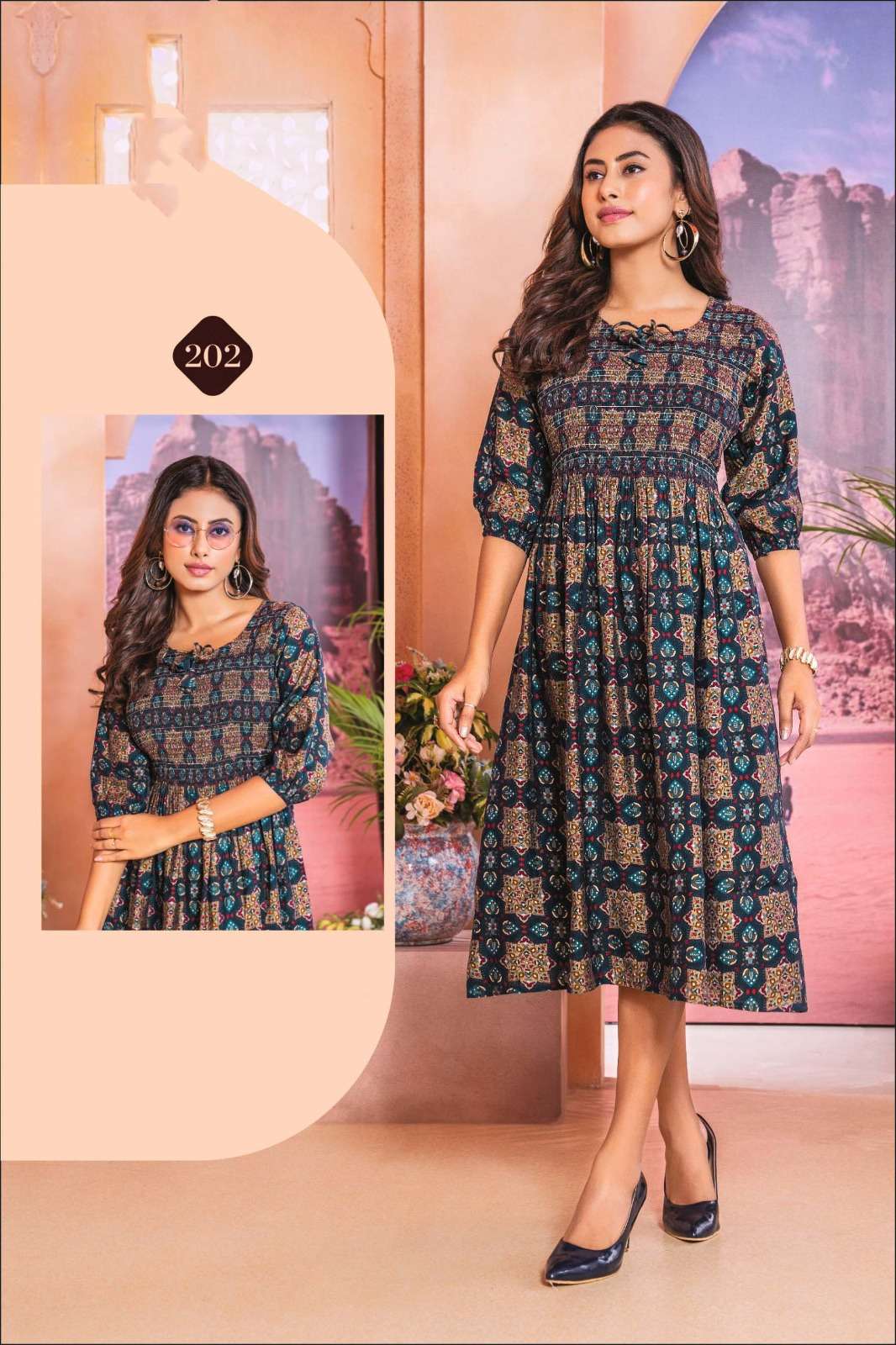 ISHQIYA VOL-2 DESIGN NO- 202 BY KAYA KURTI CHANDERI FOIL PRINT KNEE LENGTH STYLISH TUNICS  