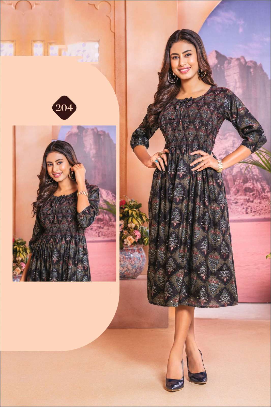 ISHQIYA VOL-2 DESIGN NO- 204 BY KAYA KURTI CHANDERI FOIL PRINT KNEE LENGTH STYLISH TUNICS  