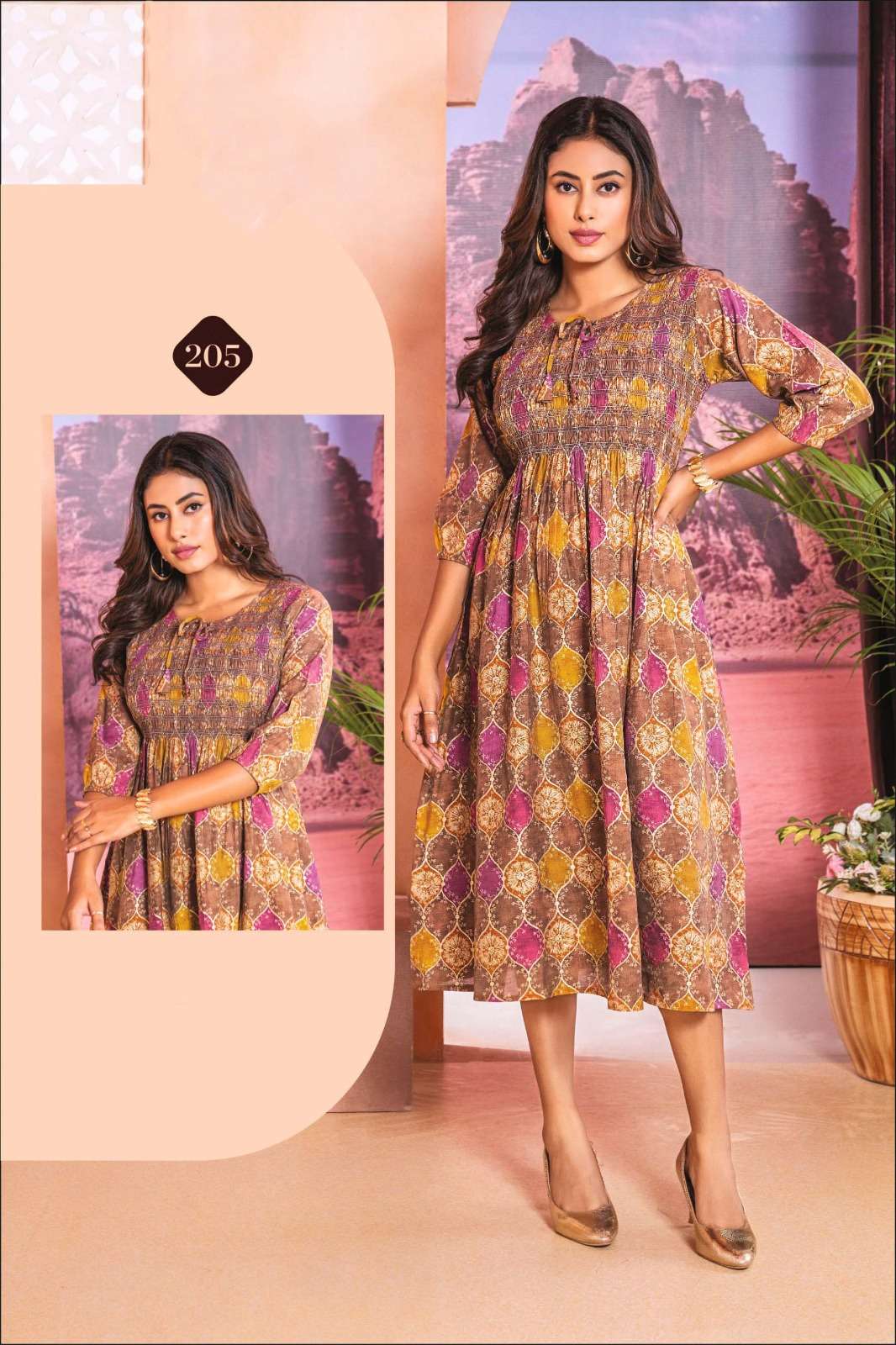 ISHQIYA VOL-2 DESIGN NO- 205 BY KAYA KURTI CHANDERI FOIL PRINT KNEE LENGTH STYLISH TUNICS  