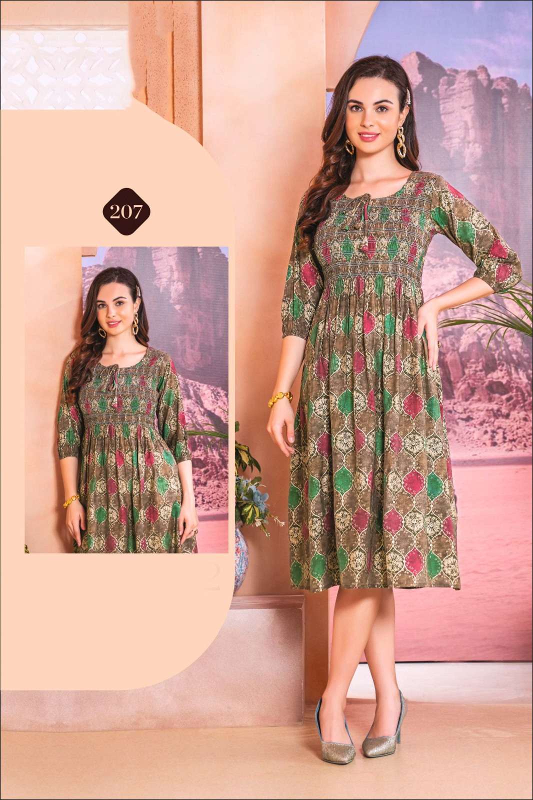 ISHQIYA VOL-2 DESIGN NO- 207 BY KAYA KURTI CHANDERI FOIL PRINT KNEE LENGTH STYLISH TUNICS  