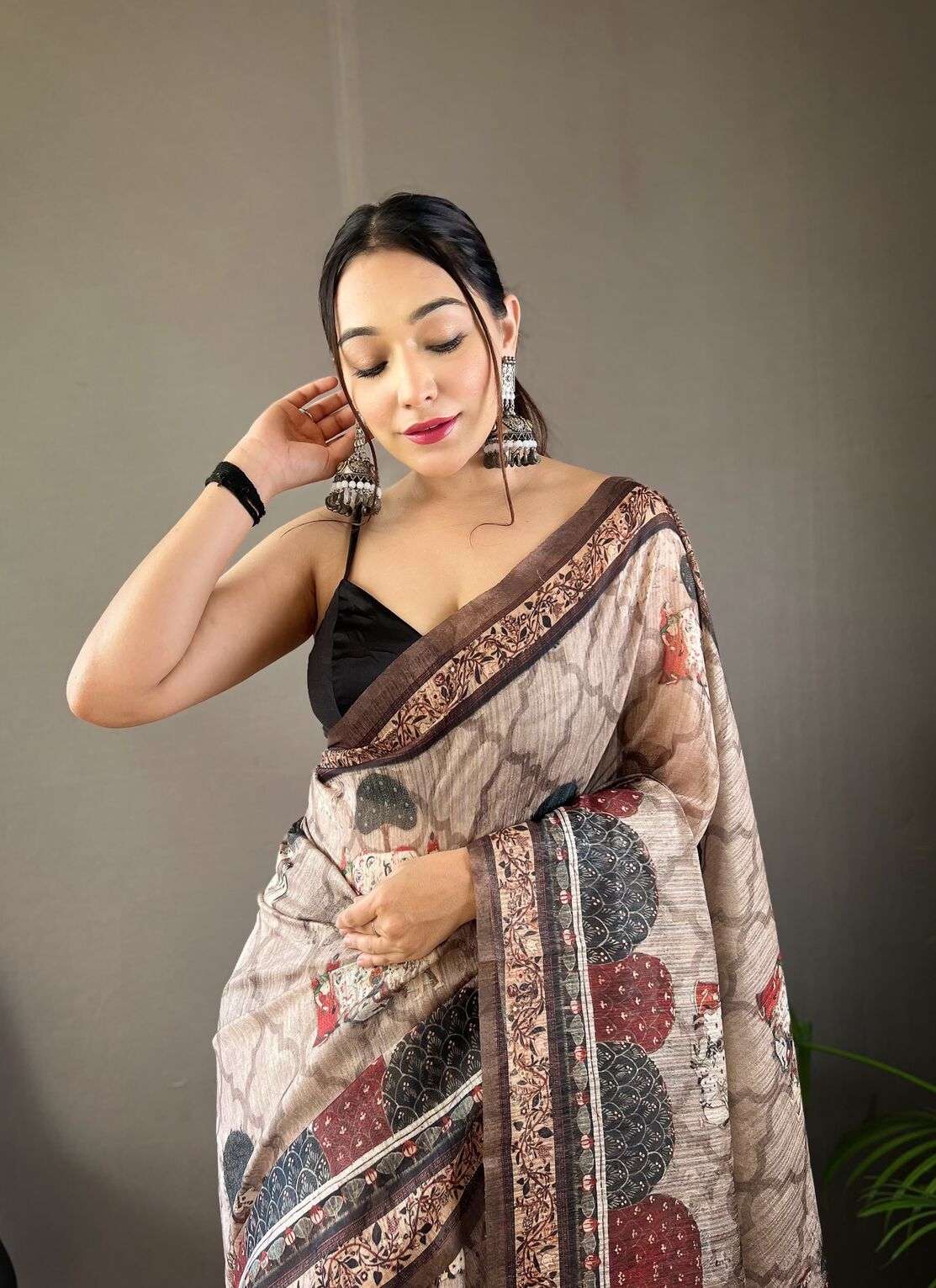 KALAPINI BY TEXOFAB PURE SOFT COTTON TUSSAR SILK CONTRAST PALLU WITH CONTRAST BLOUSE 