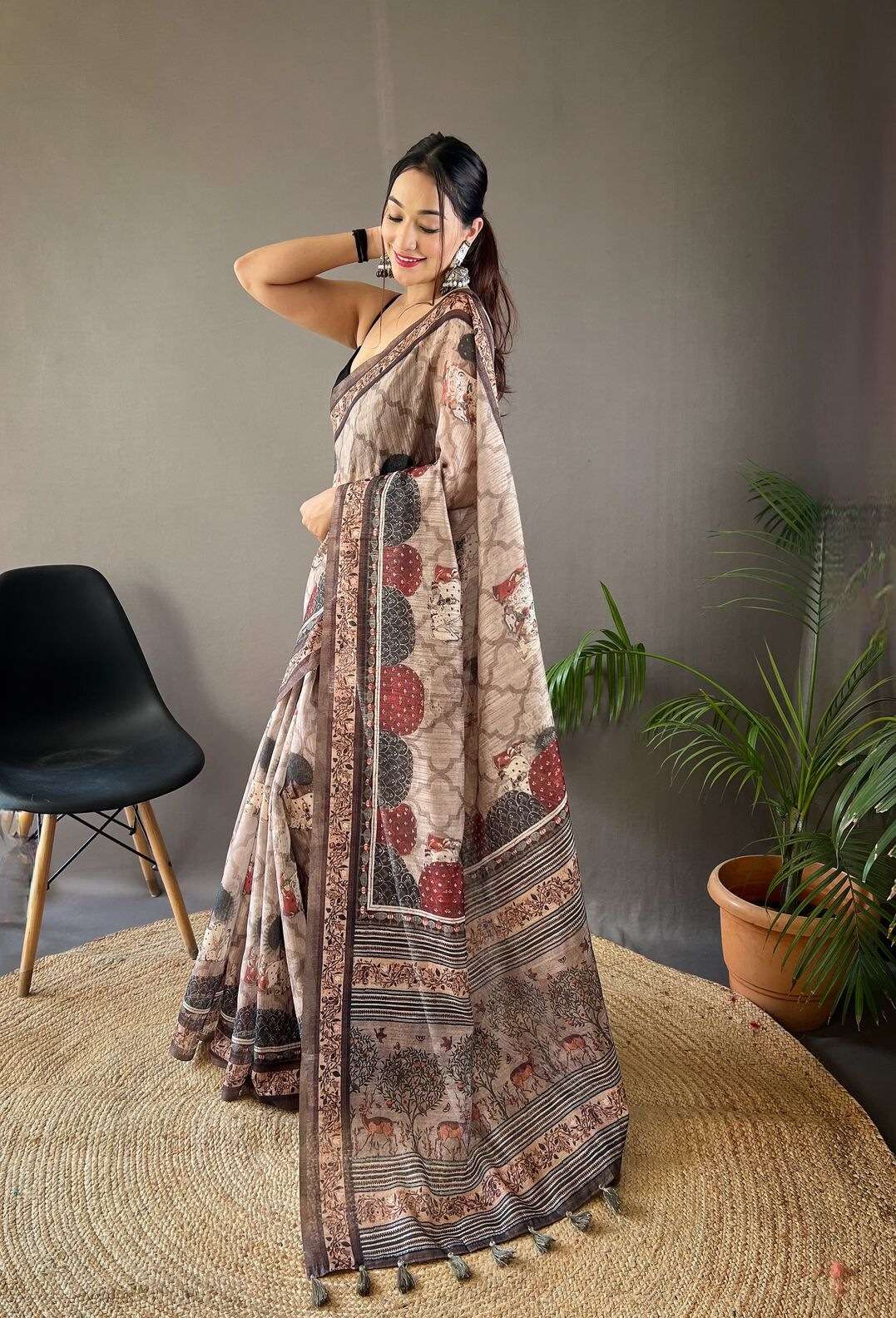 KALAPINI BY TEXOFAB PURE SOFT COTTON TUSSAR SILK CONTRAST PALLU WITH CONTRAST BLOUSE 