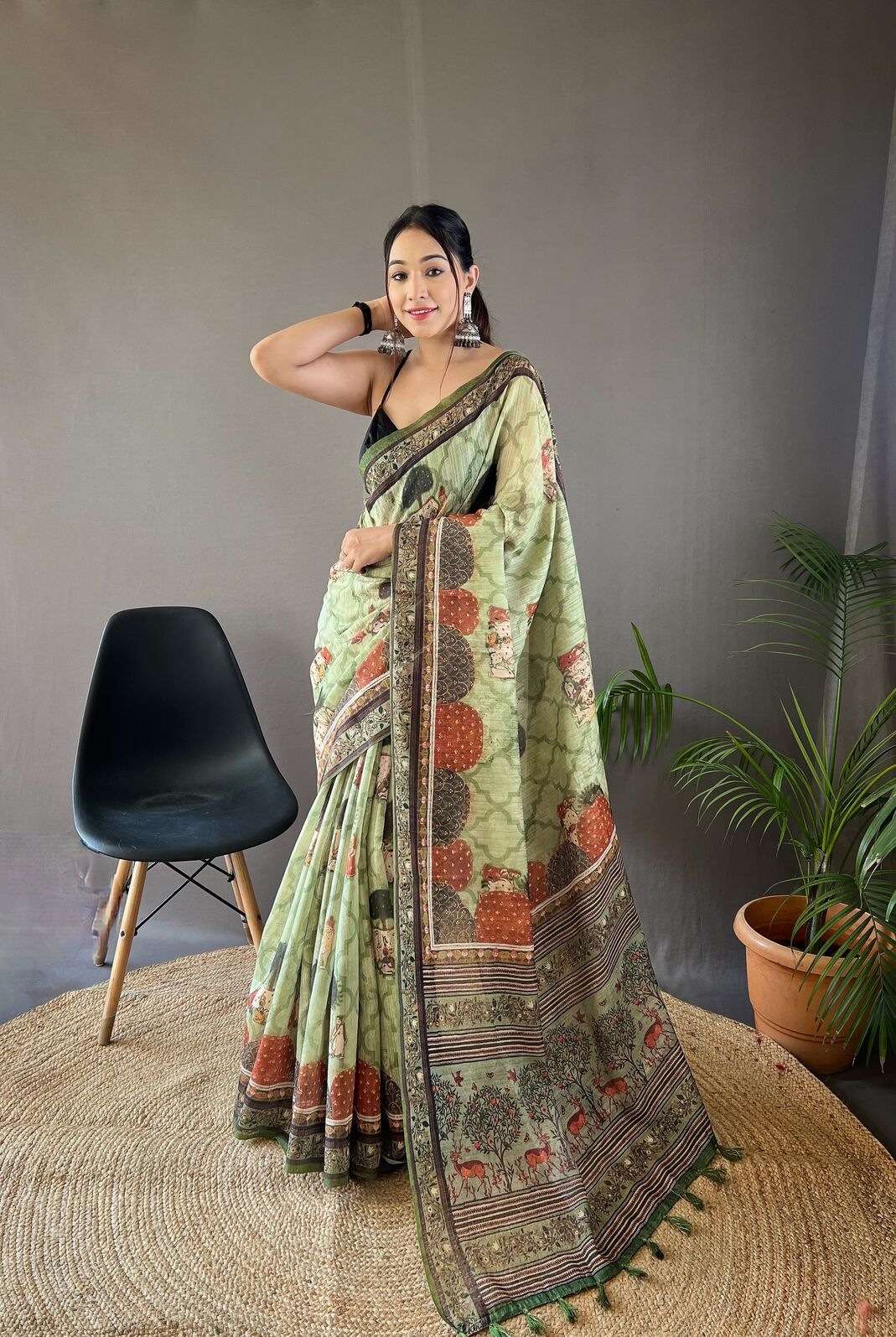 KALAPINI BY TEXOFAB PURE SOFT COTTON TUSSAR SILK CONTRAST PALLU WITH CONTRAST BLOUSE 