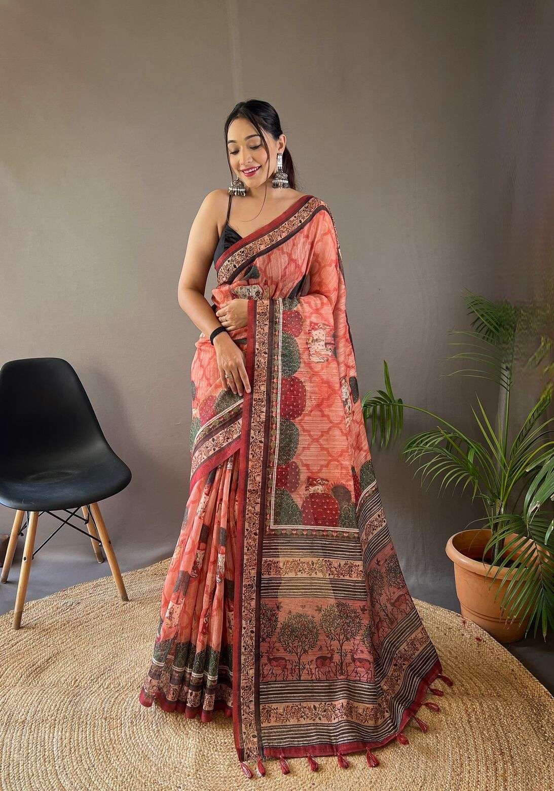 KALAPINI BY TEXOFAB PURE SOFT COTTON TUSSAR SILK CONTRAST PALLU WITH CONTRAST BLOUSE 