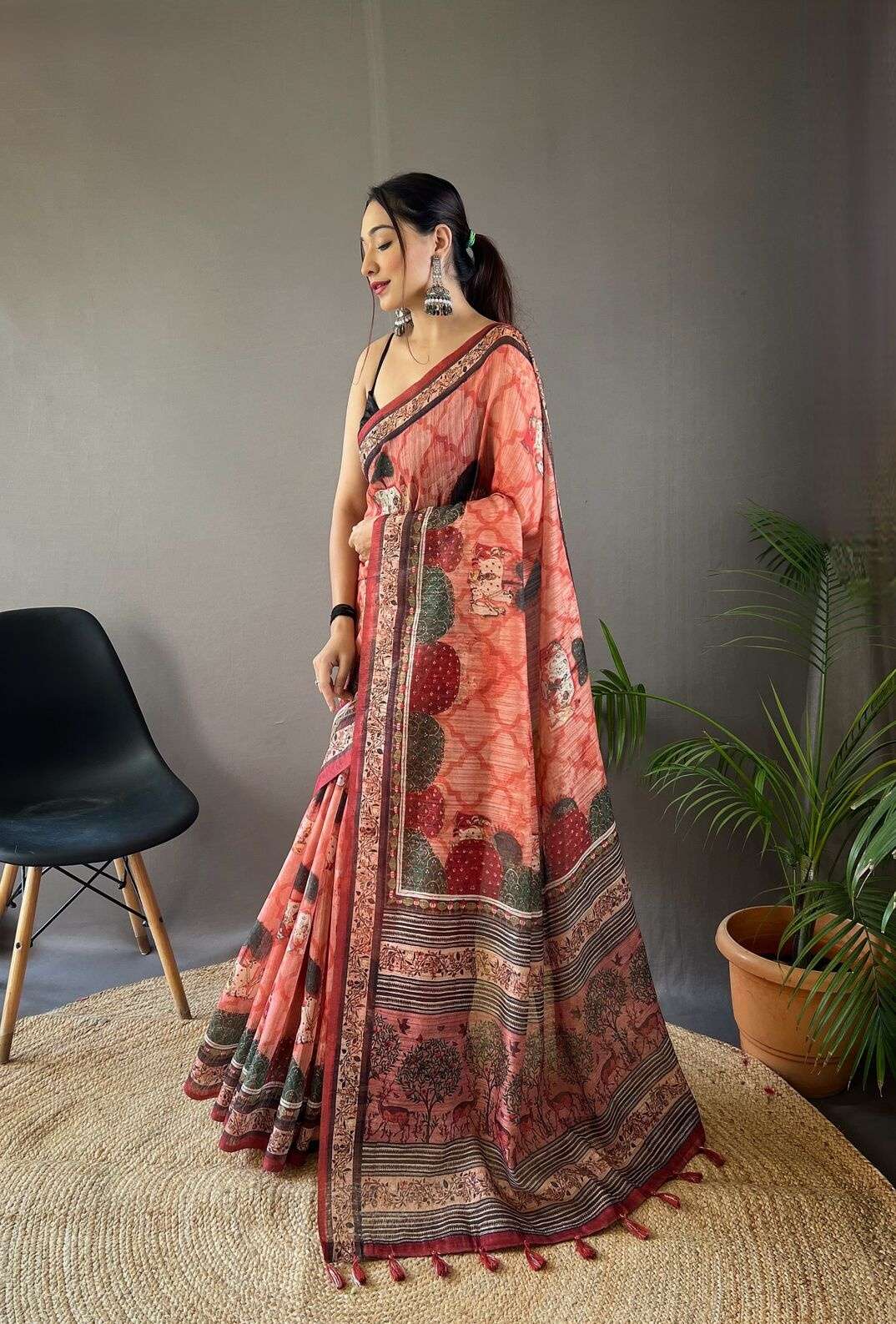 KALAPINI BY TEXOFAB PURE SOFT COTTON TUSSAR SILK CONTRAST PALLU WITH CONTRAST BLOUSE 