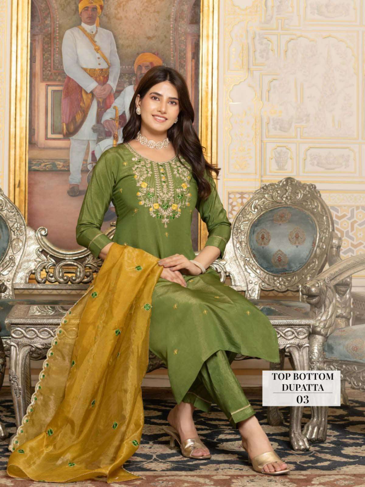 KANISHKA DESIGN NO-03 BY KAYA KURTI TISSUE SHIMMER FABRIC STRAIGHT CUT KURTI PANT WITH DUPATTA 