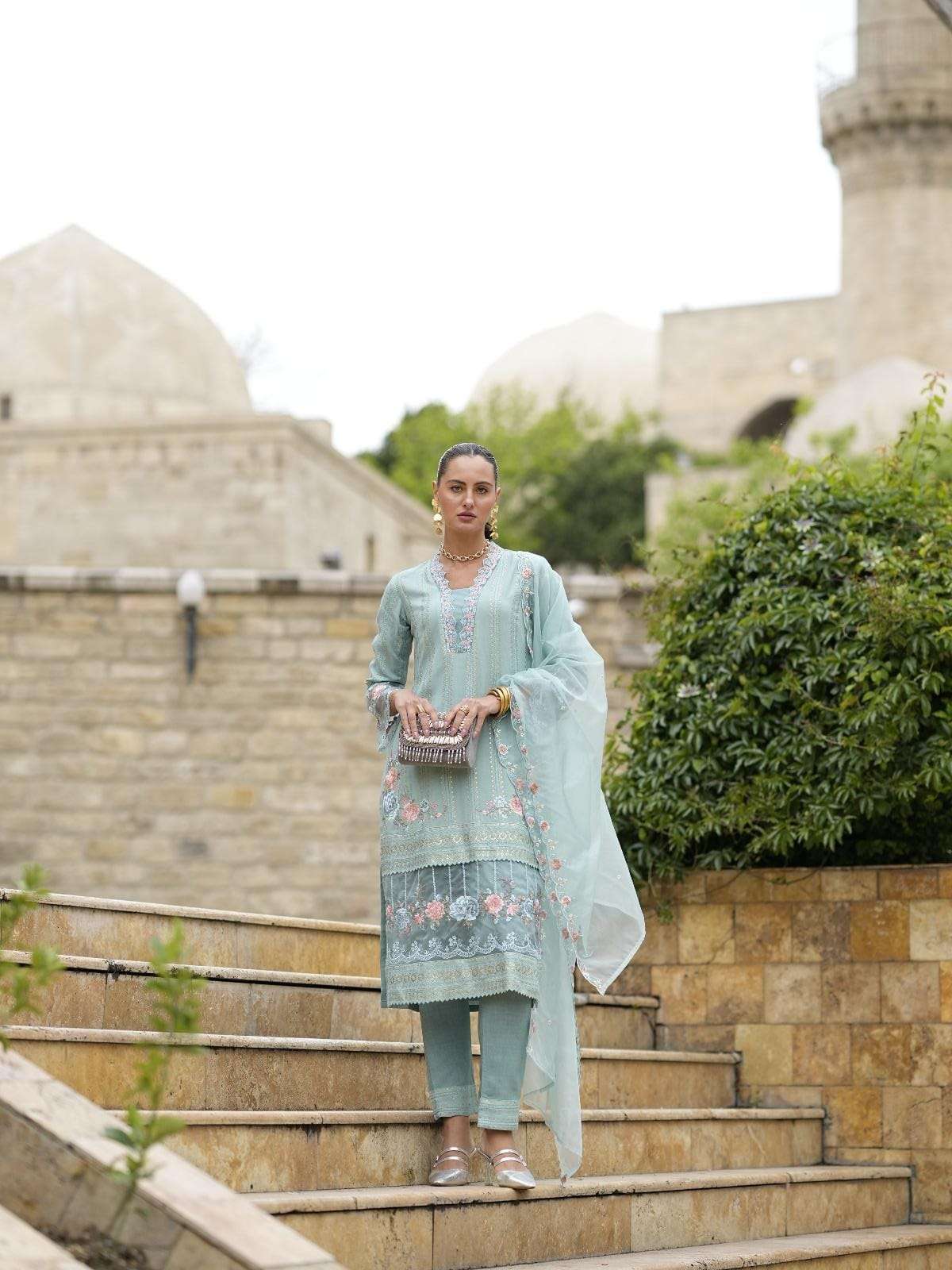 KASTURI SCHIFFLI STRAIGHT CUT KURTI PANT WITH DUPATTA BY AMARA FASHION 