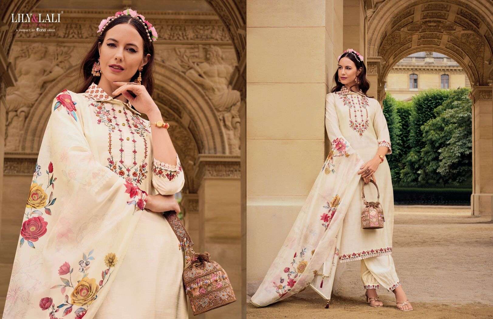 KHWAISH BY LILY & LALI EMBROIDERY WORK ON VISCOSE SILK KURTI & AFGHANI STYLE BOTTOM WITH TUSSEL LACE DUPATTA 