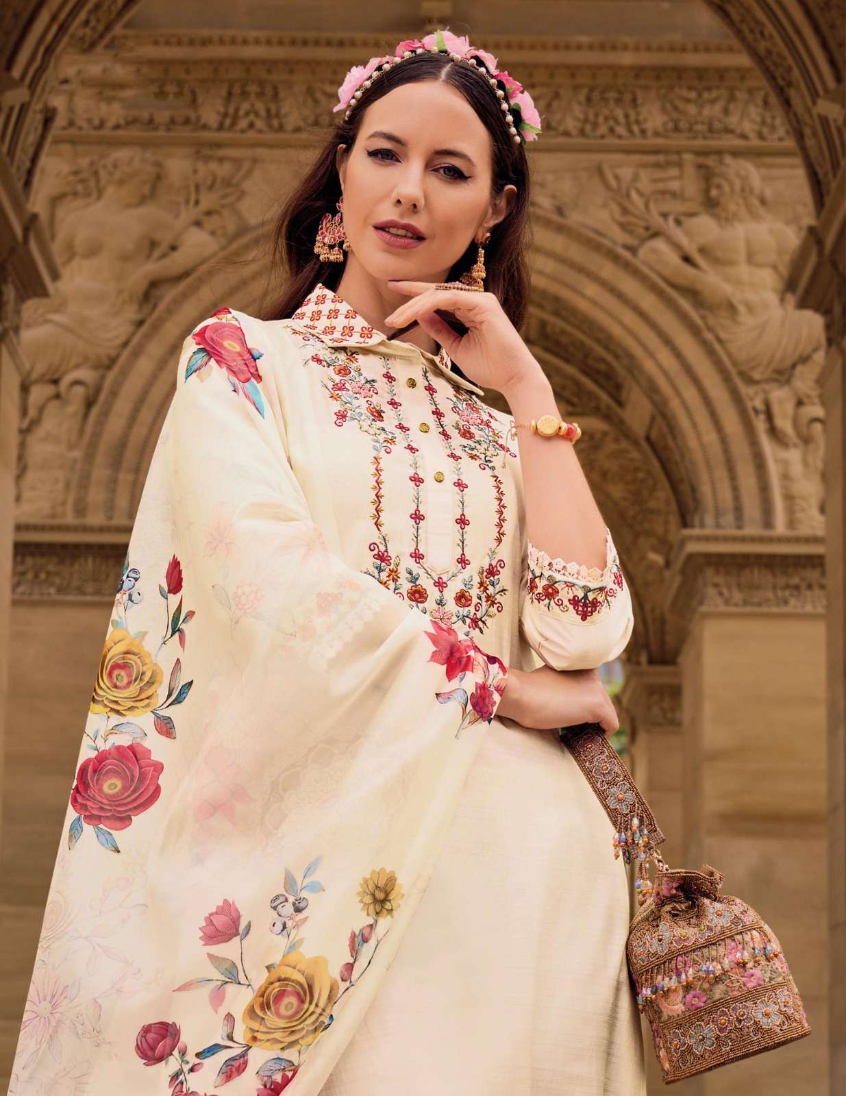 KHWAISH DESIGN NO- 21502 BY LILY & LALI EMBROIDERY LACE ON VISCOSE SILK KURTI & AFGHANI STYLE BOTTOM WITH TUSSEL DUPATTA  