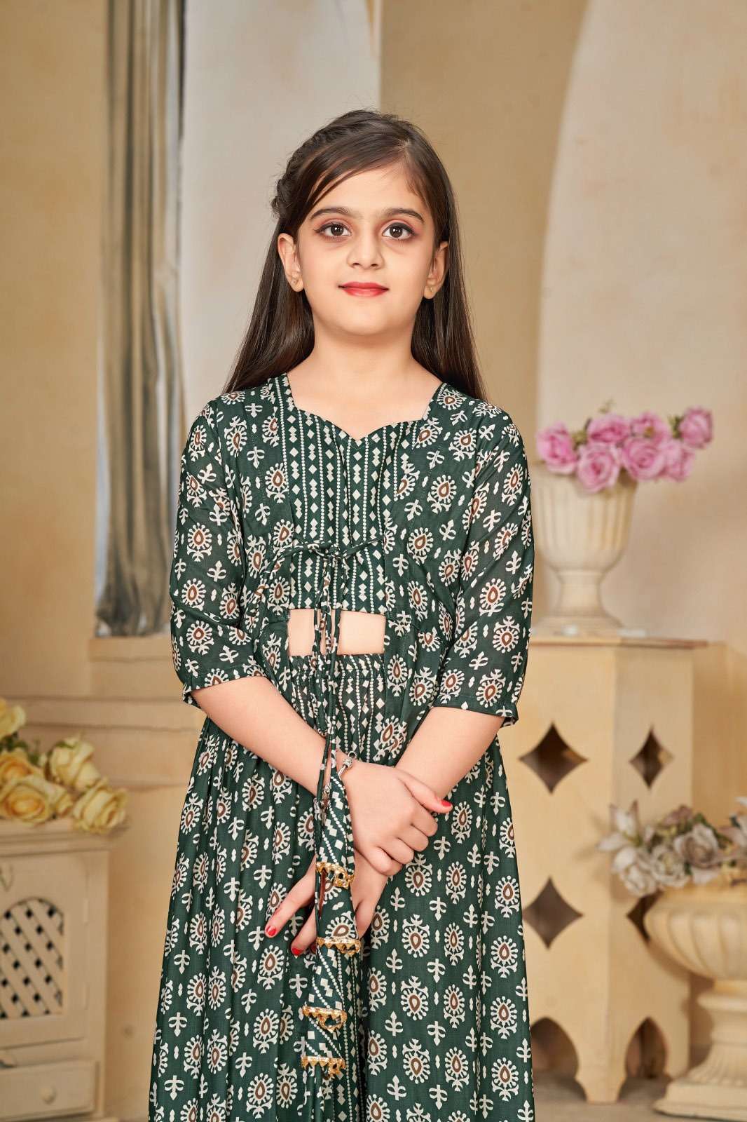 KIDS WEAR DESIGN NO-6001 DEEP GREEN COLOUR BY TEXOFAB HEAVY DIGITAL PRINTED CROP TOP PLAZO WITH DUPATTA 