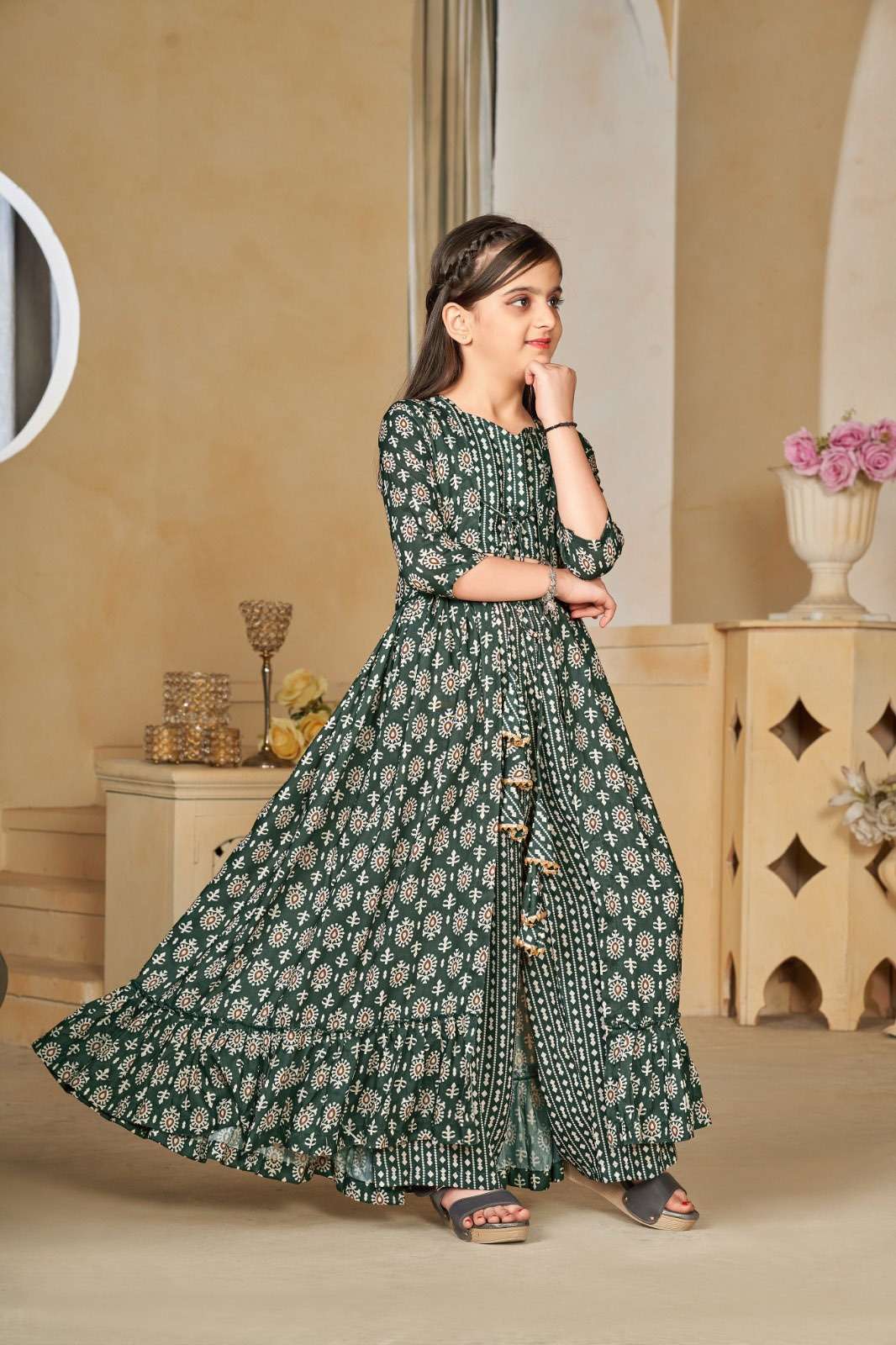 KIDS WEAR DESIGN NO-6001 DEEP GREEN COLOUR BY TEXOFAB HEAVY DIGITAL PRINTED CROP TOP PLAZO WITH DUPATTA 