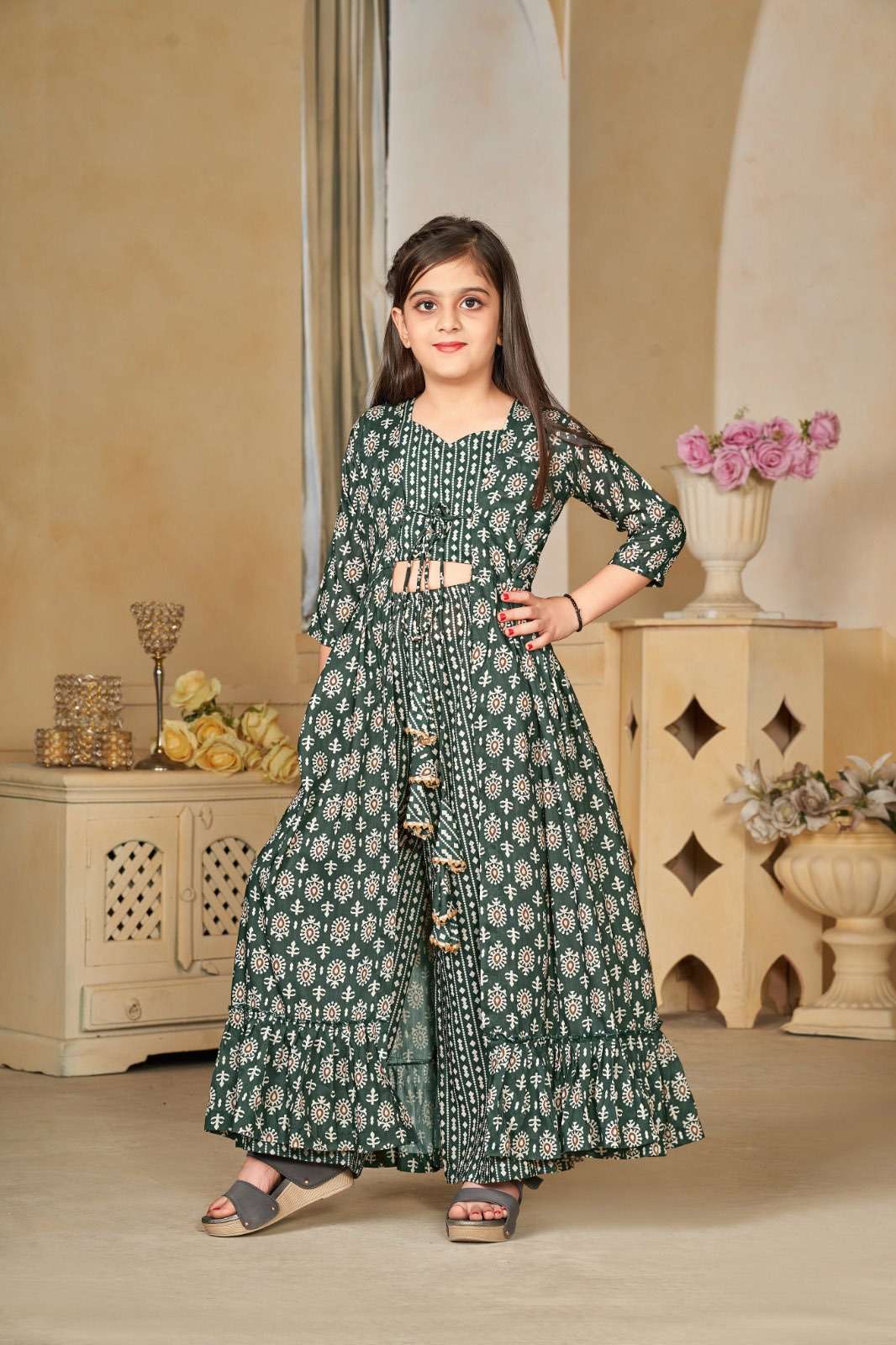 KIDS WEAR DESIGN NO-6001 DEEP GREEN COLOUR BY TEXOFAB HEAVY DIGITAL PRINTED CROP TOP PLAZO WITH DUPATTA 