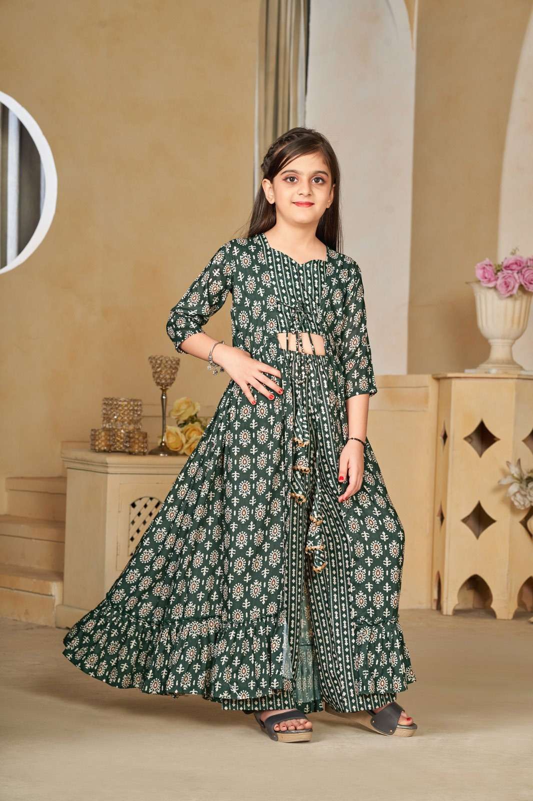 KIDS WEAR DESIGN NO-6001 DEEP GREEN COLOUR BY TEXOFAB HEAVY DIGITAL PRINTED CROP TOP PLAZO WITH DUPATTA 