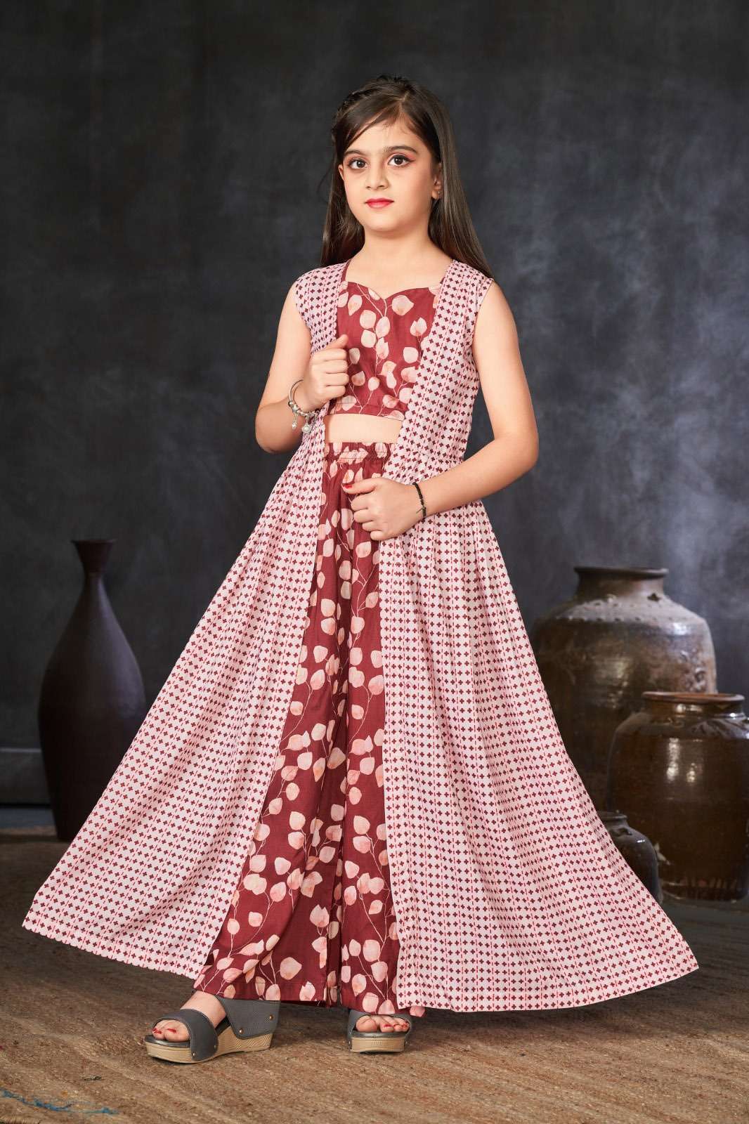 KIDS WEAR DESIGN NO-6002 BROWN COLOUR BY TEXOFAB HEAVY DIGITAL PRINTED CROP TOP PLAZO WITH DUPATTA 