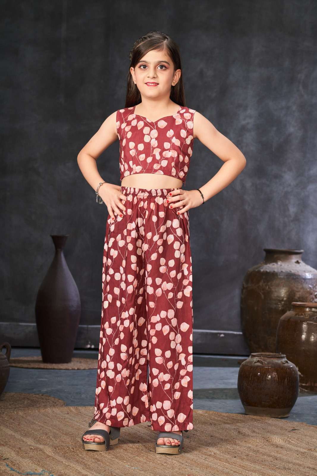 KIDS WEAR DESIGN NO-6002 BROWN COLOUR BY TEXOFAB HEAVY DIGITAL PRINTED CROP TOP PLAZO WITH DUPATTA 