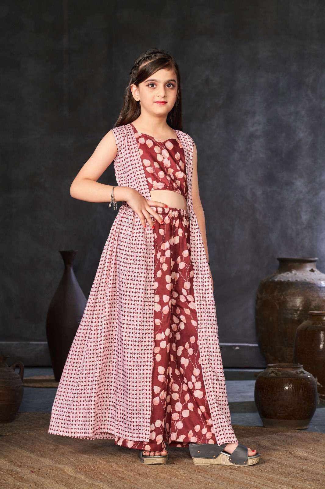 KIDS WEAR DESIGN NO-6002 BROWN COLOUR BY TEXOFAB HEAVY DIGITAL PRINTED CROP TOP PLAZO WITH DUPATTA 