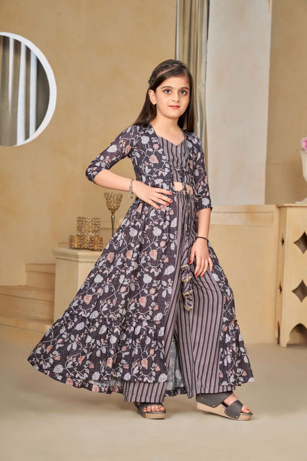 KIDS WEAR DESIGN NO-6003 DUSTY GREY COLOUR BY TEXOFAB HEAVY DIGITAL PRINTED CROP TOP PLAZO WITH DUPATTA 