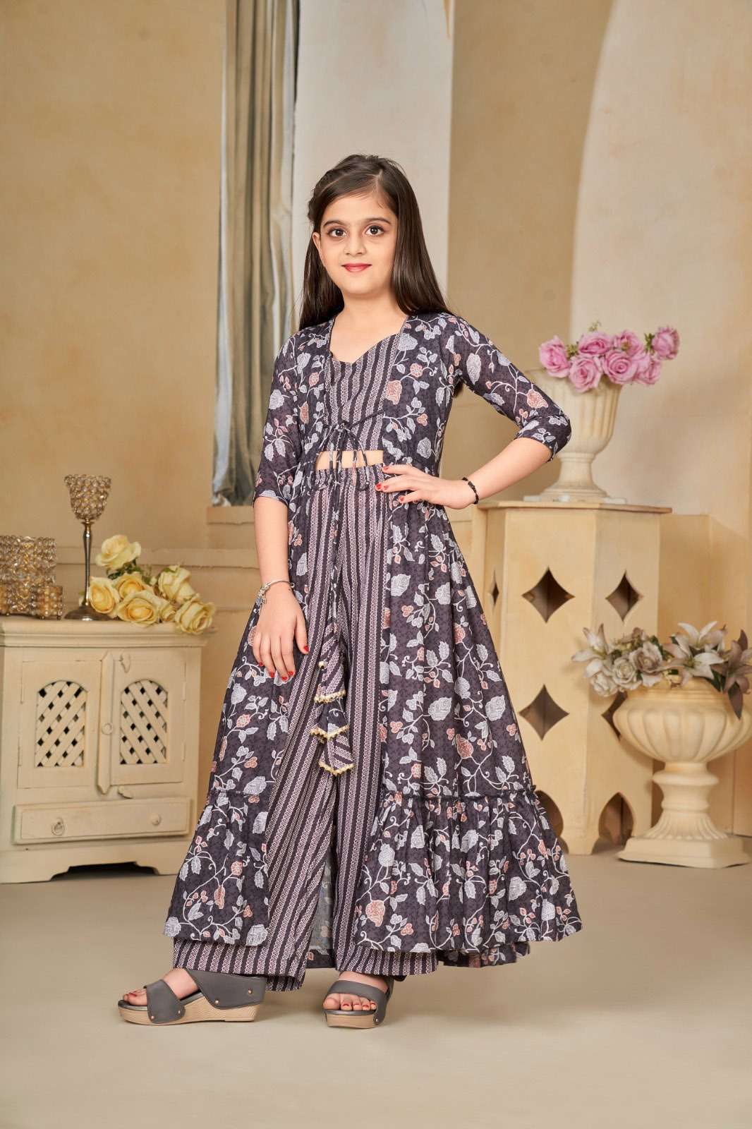 KIDS WEAR DESIGN NO-6003 DUSTY GREY COLOUR BY TEXOFAB HEAVY DIGITAL PRINTED CROP TOP PLAZO WITH DUPATTA 