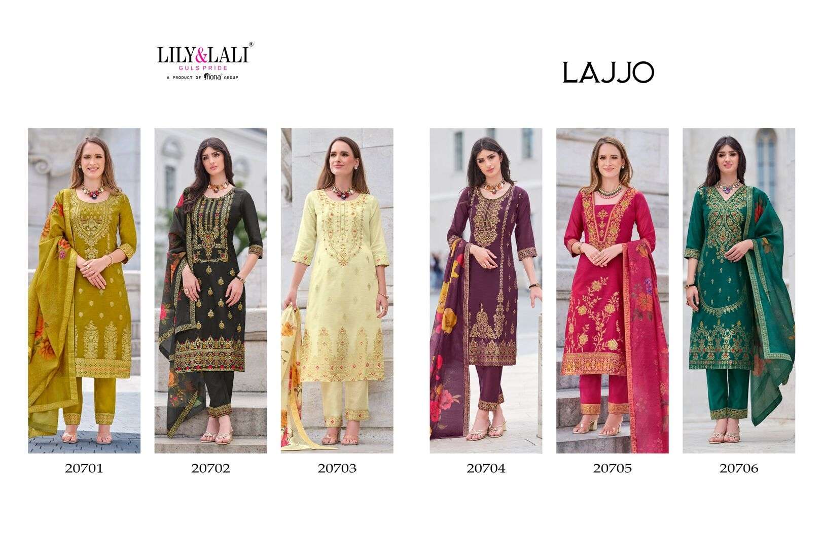 LAJJO BY LILY & LALI BANARASI JACQUARD SILK KURTI PANT WITH DIGITAL PRINT DUPATTA 