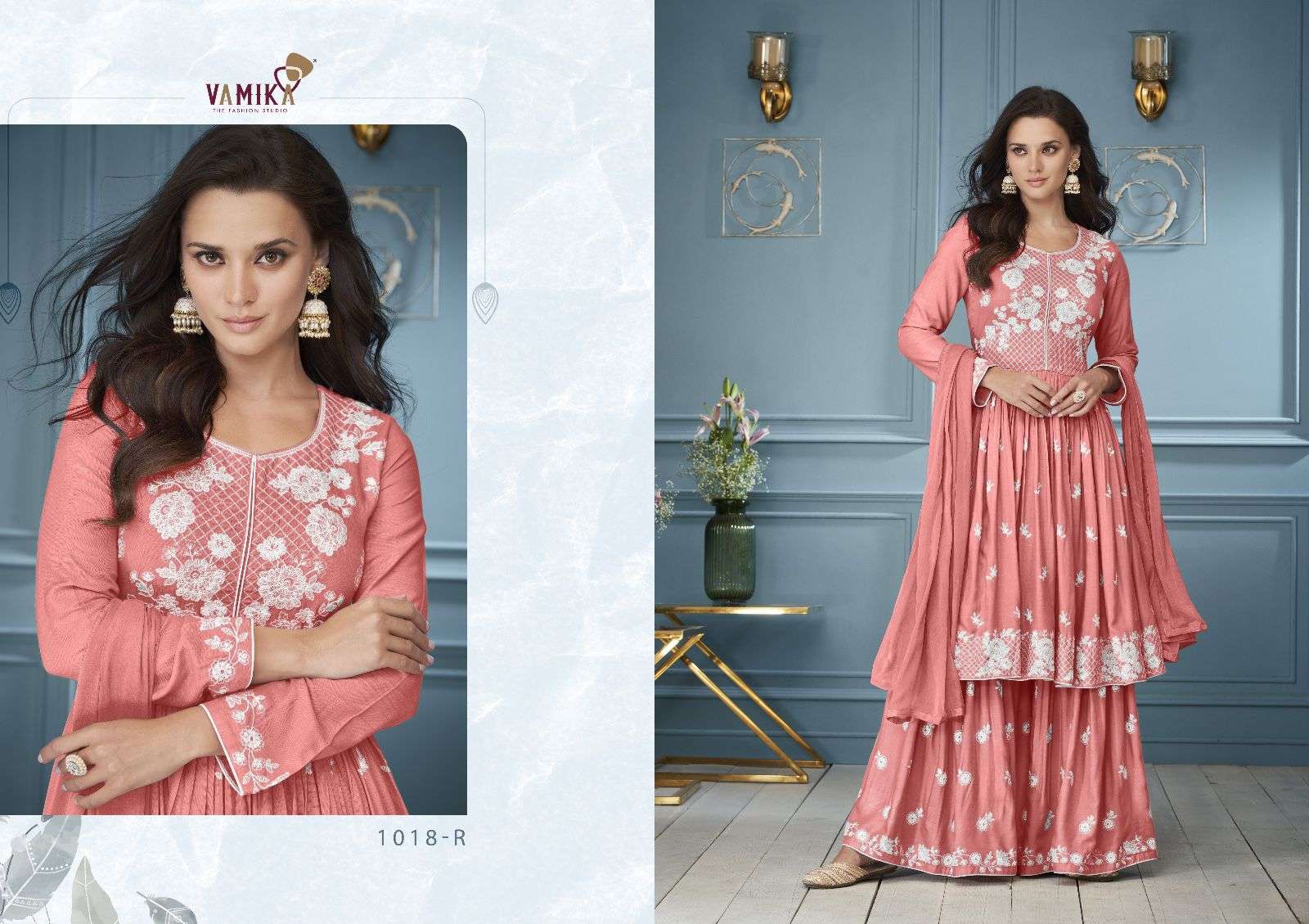 LAKHNAVI VOL-3 PLATNIUM BY VAMIKA RAYON EMBROIDERY WHITE THREAD WORK KURTI PLAZO WITH DUPATTA 