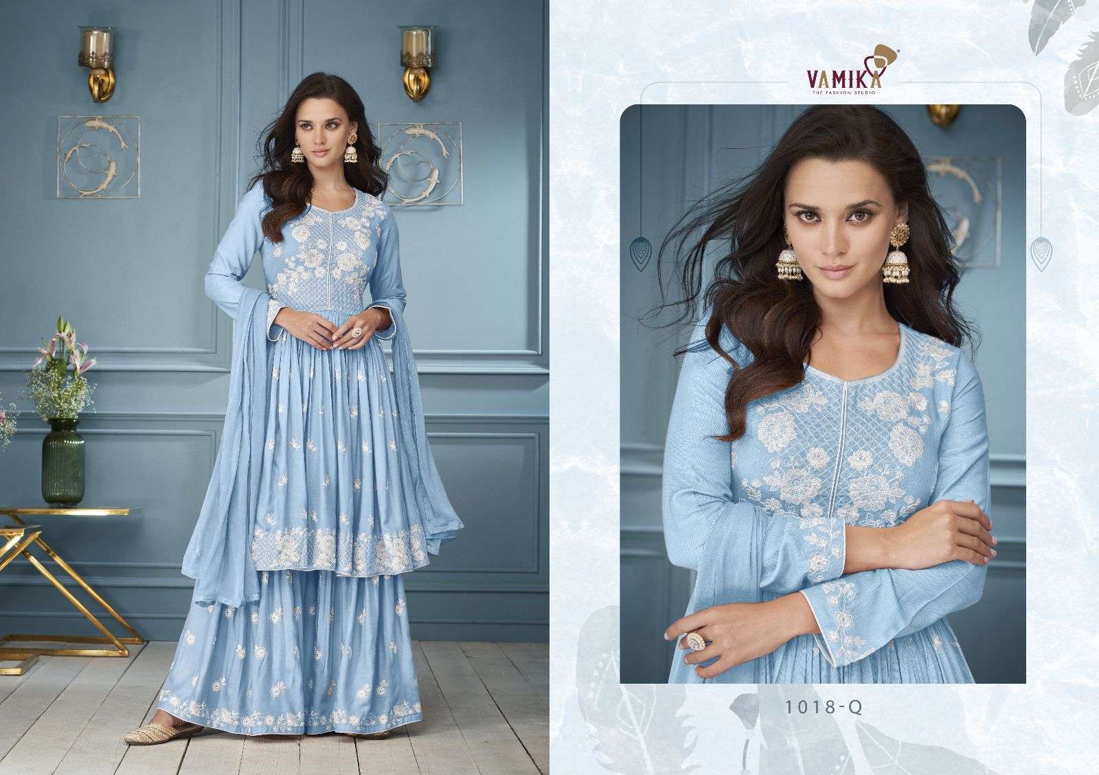 LAKHNAVI VOL-3 PLATNIUM BY VAMIKA RAYON EMBROIDERY WHITE THREAD WORK KURTI PLAZO WITH DUPATTA 