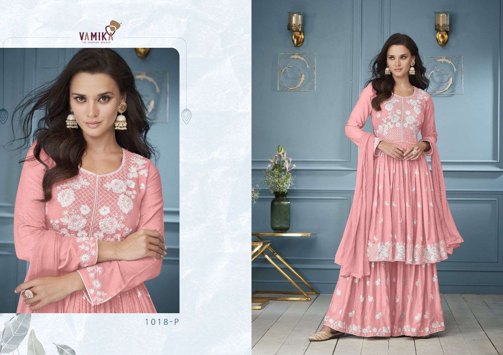 LAKHNAVI VOL-3 PLATNIUM BY VAMIKA RAYON EMBROIDERY WHITE THREAD WORK KURTI PLAZO WITH DUPATTA 